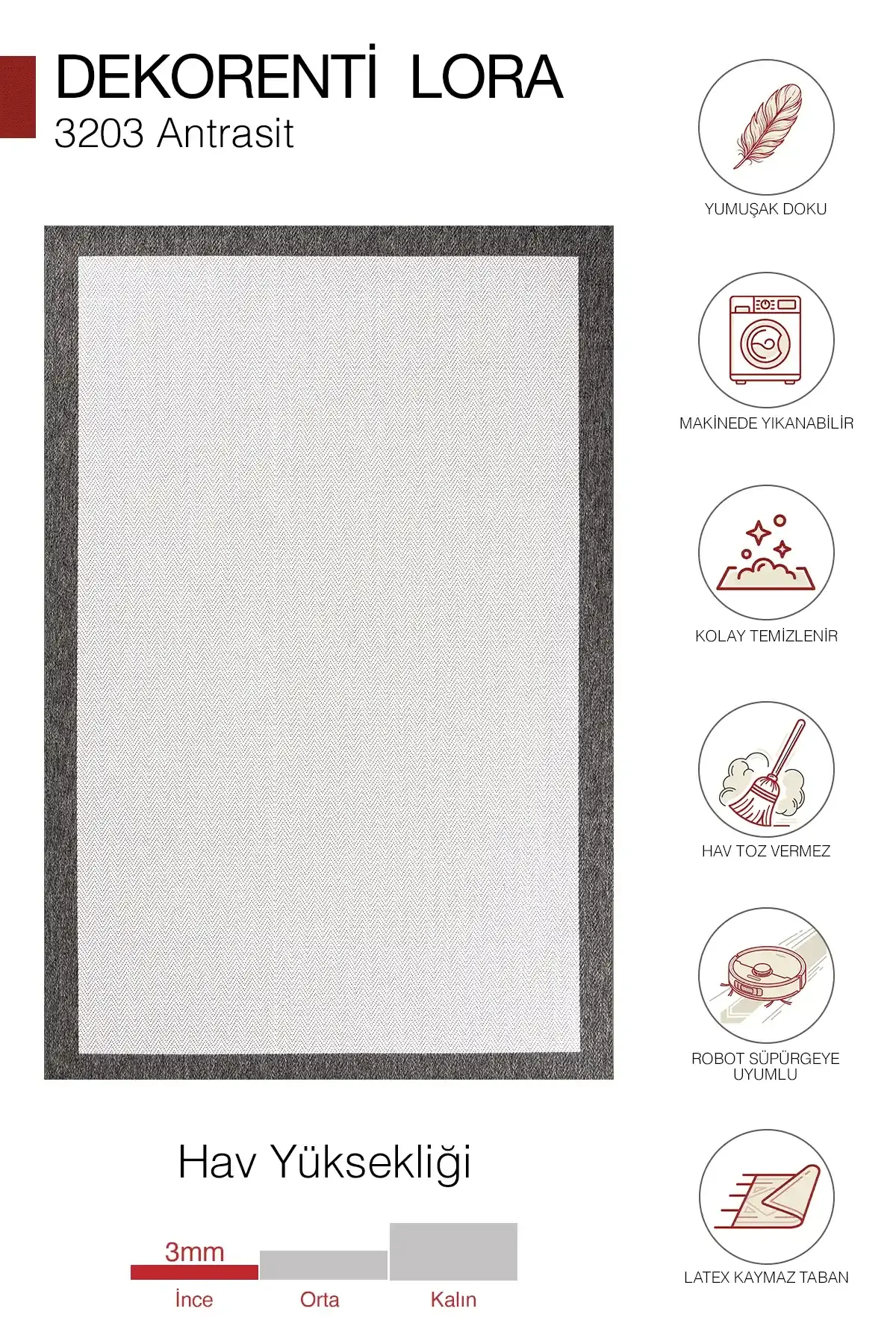 Dekorenti Lora 3203 Antrasit - Çerçeveli Modern Pamuk Tabanlı Polyester Halı