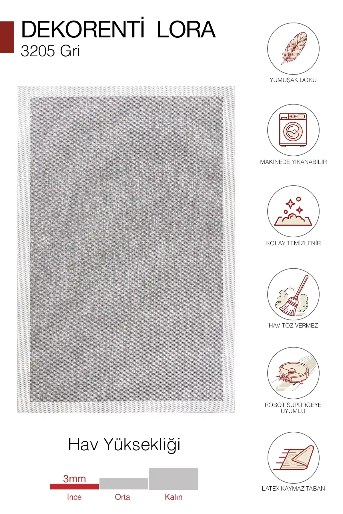 Dekorenti Lora 3205 Gri - Çerçeveli Modern Pamuk Tabanlı Polyester Halı