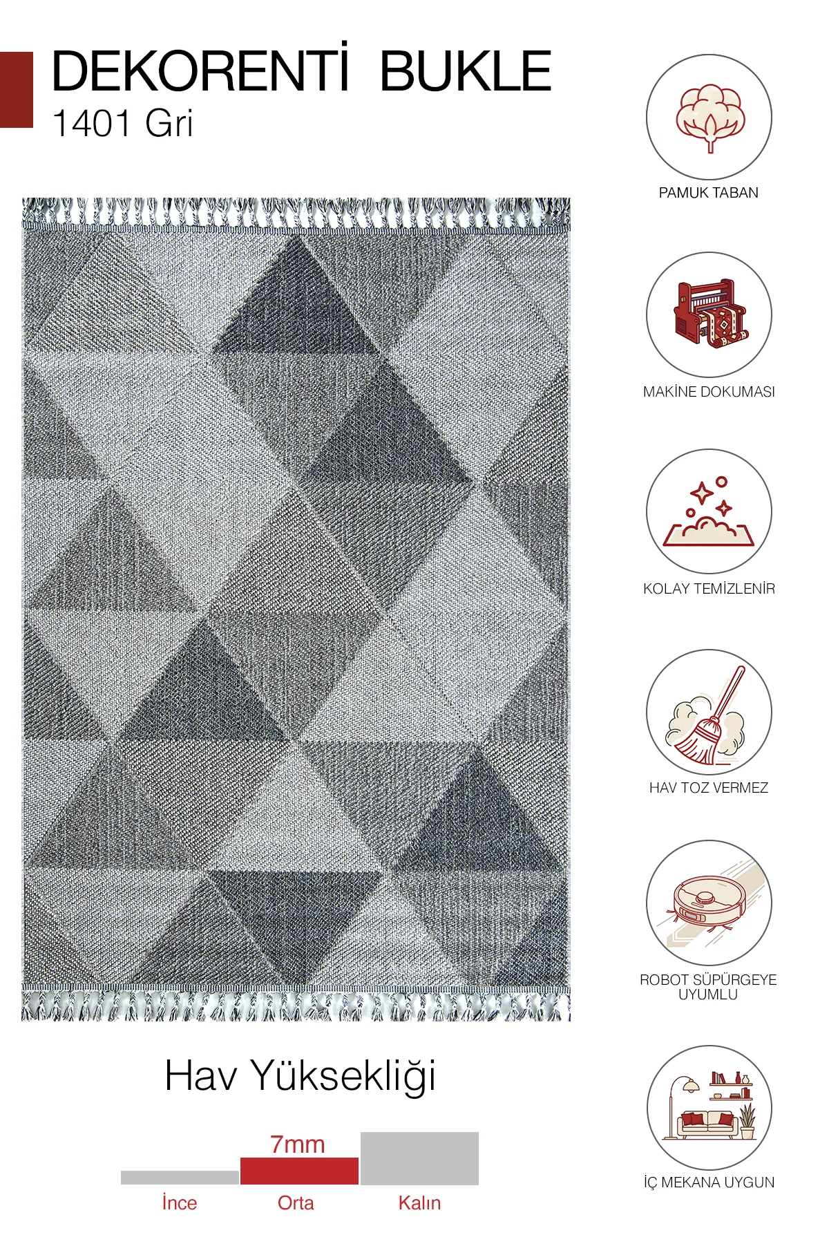 Dekorenti Bukle 1401 Gri - Geometrik Desenli Tozuma Halı