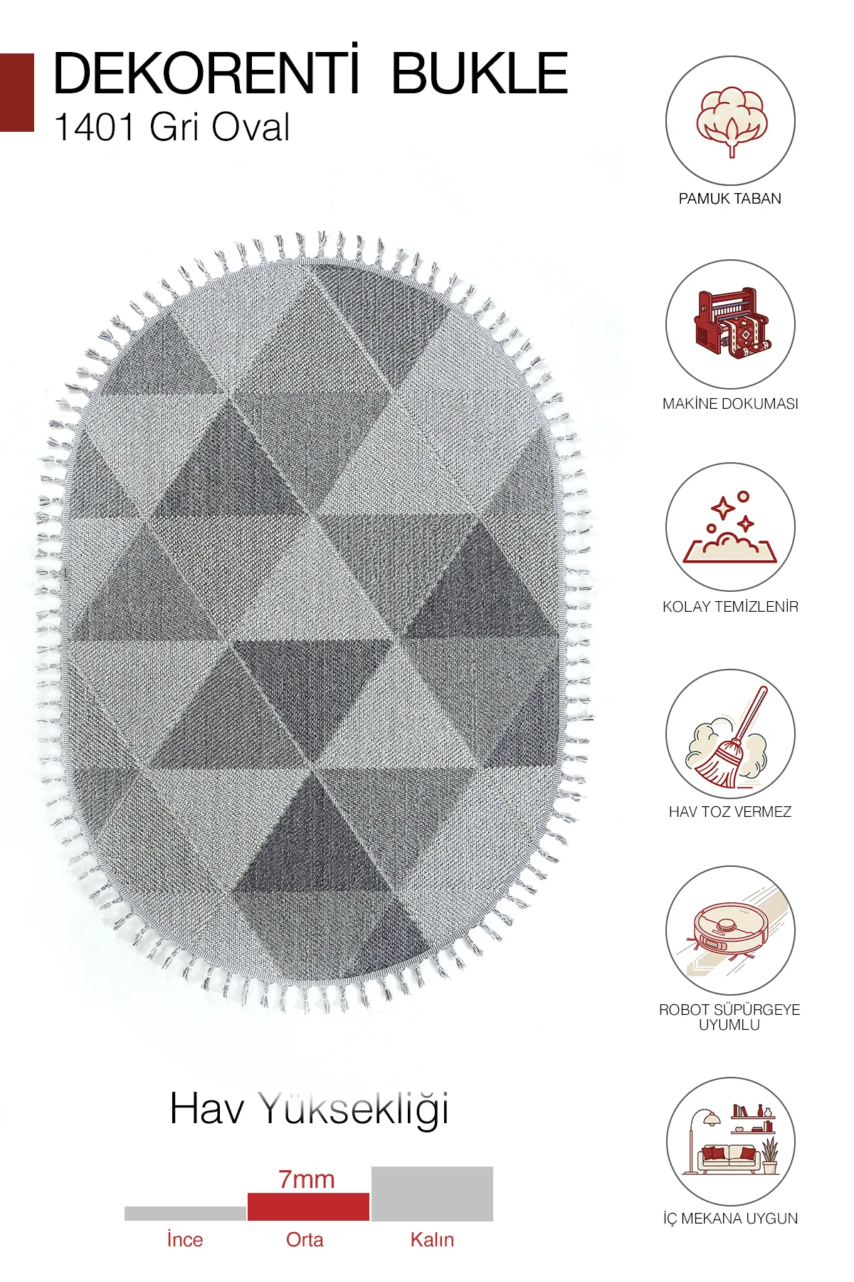 Dekorenti Bukle 1401 Gri Oval - Geometrik Desenli Yuvarlak Tozuma Halı