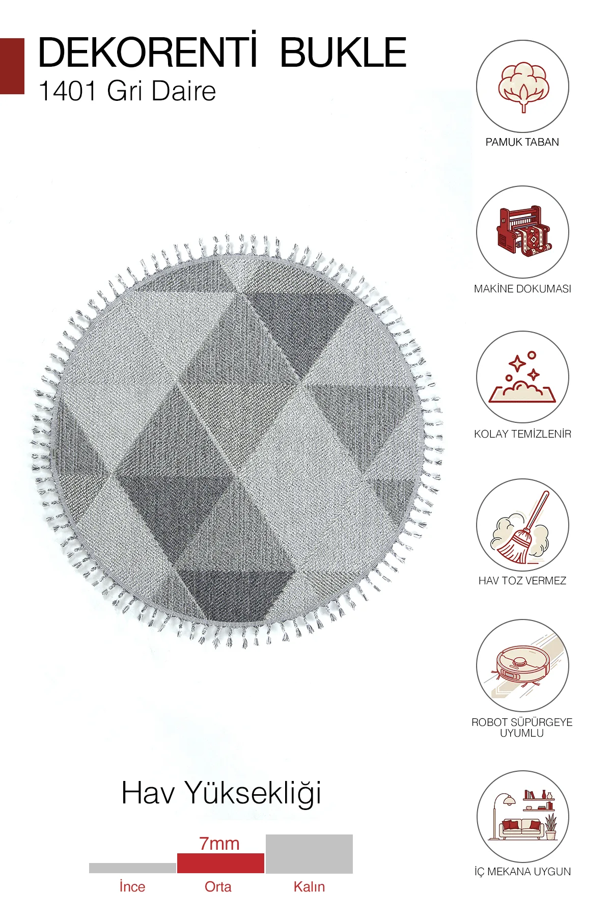 Dekorenti Bukle 1401 Gri Daire - Geometrik Desenli Yuvarlak Tozuma Halı