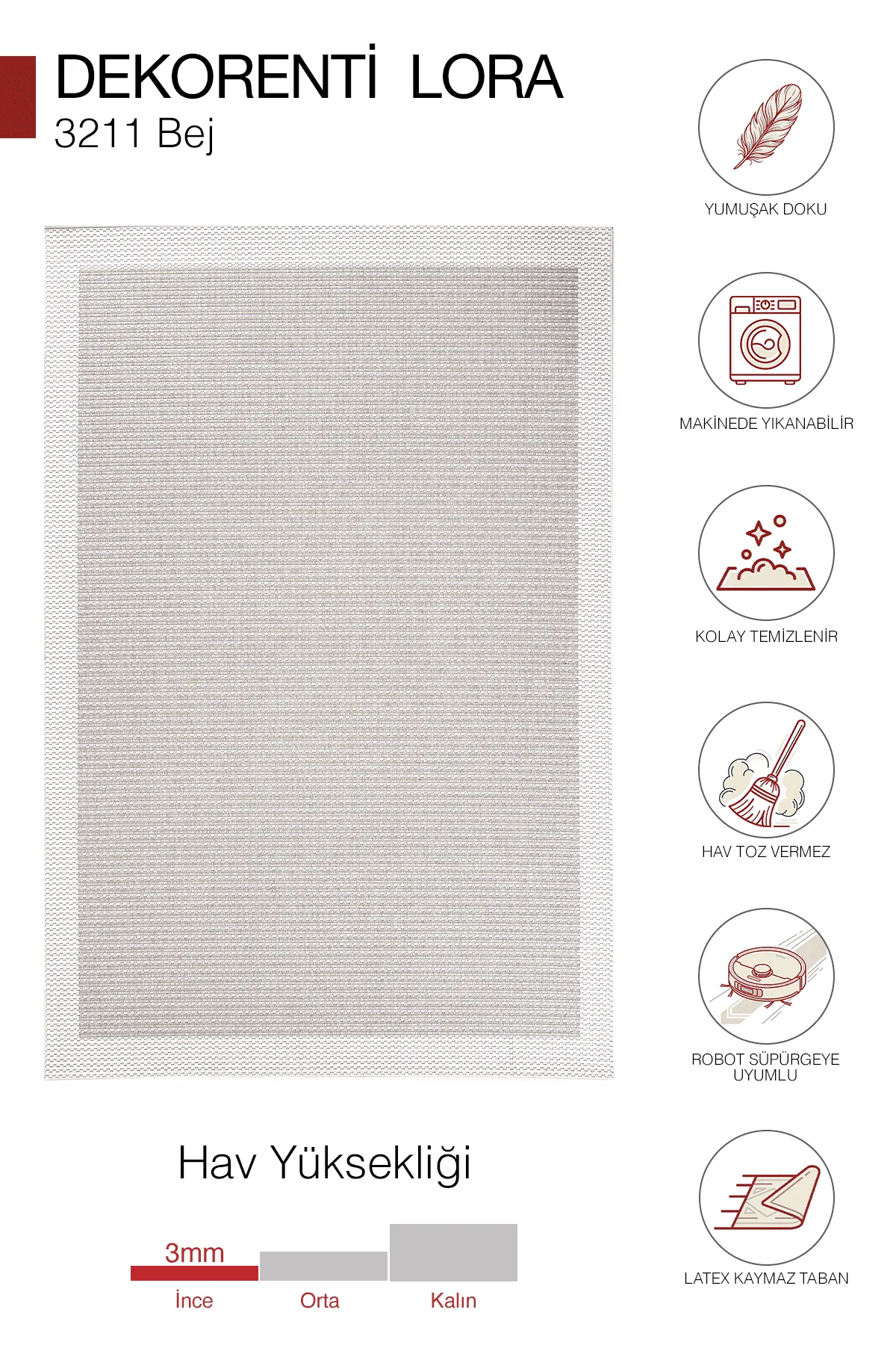 Dekorenti Lora 3211 Bej - Çerçeveli Modern Pamuk Tabanlı Polyester Halı