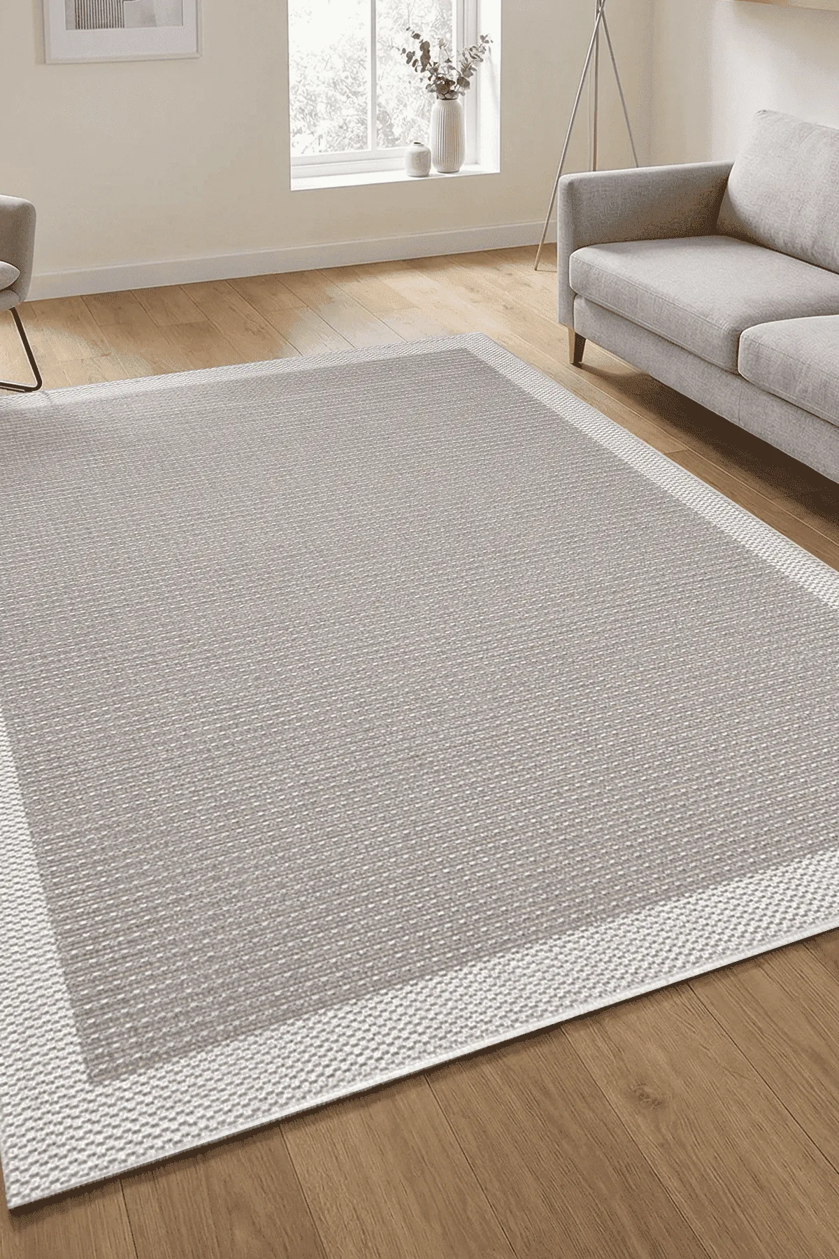 Dekorenti Lora 3211 Bej - Çerçeveli Modern Pamuk Tabanlı Polyester Halı