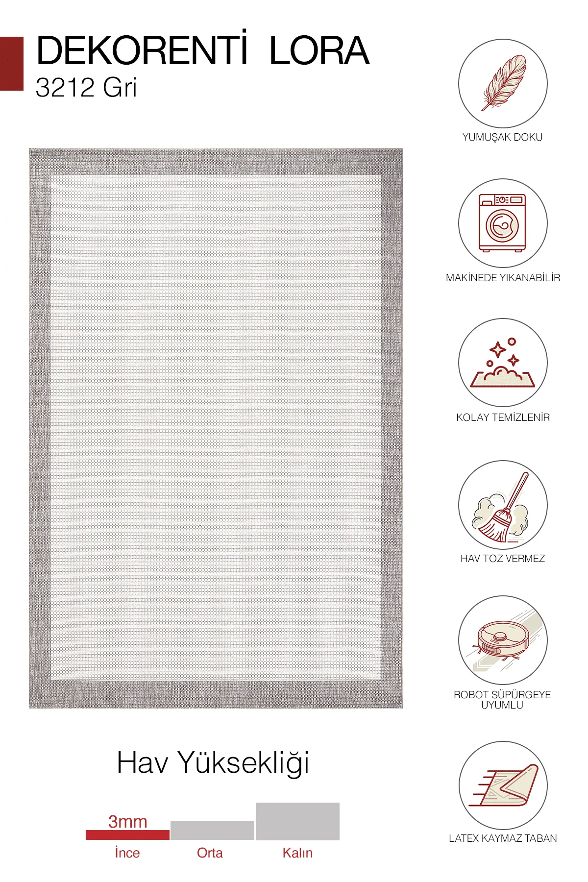 Dekorenti Lora 3212 Gri - Çerçeveli Modern Pamuk Tabanlı Polyester Halı