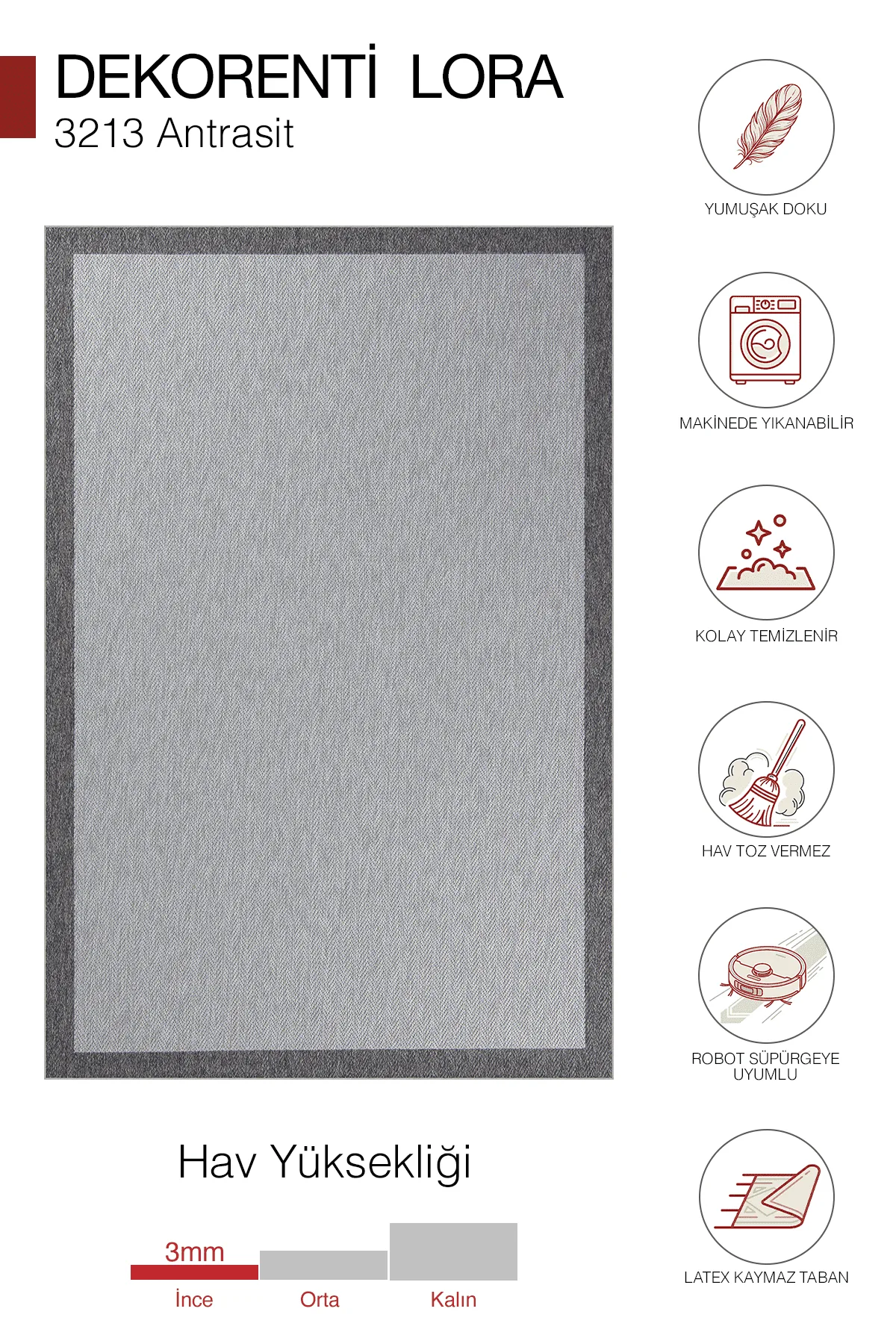Dekorenti Lora 3213 Antrasit - Çerçeveli Modern Pamuk Tabanlı Polyester Halı
