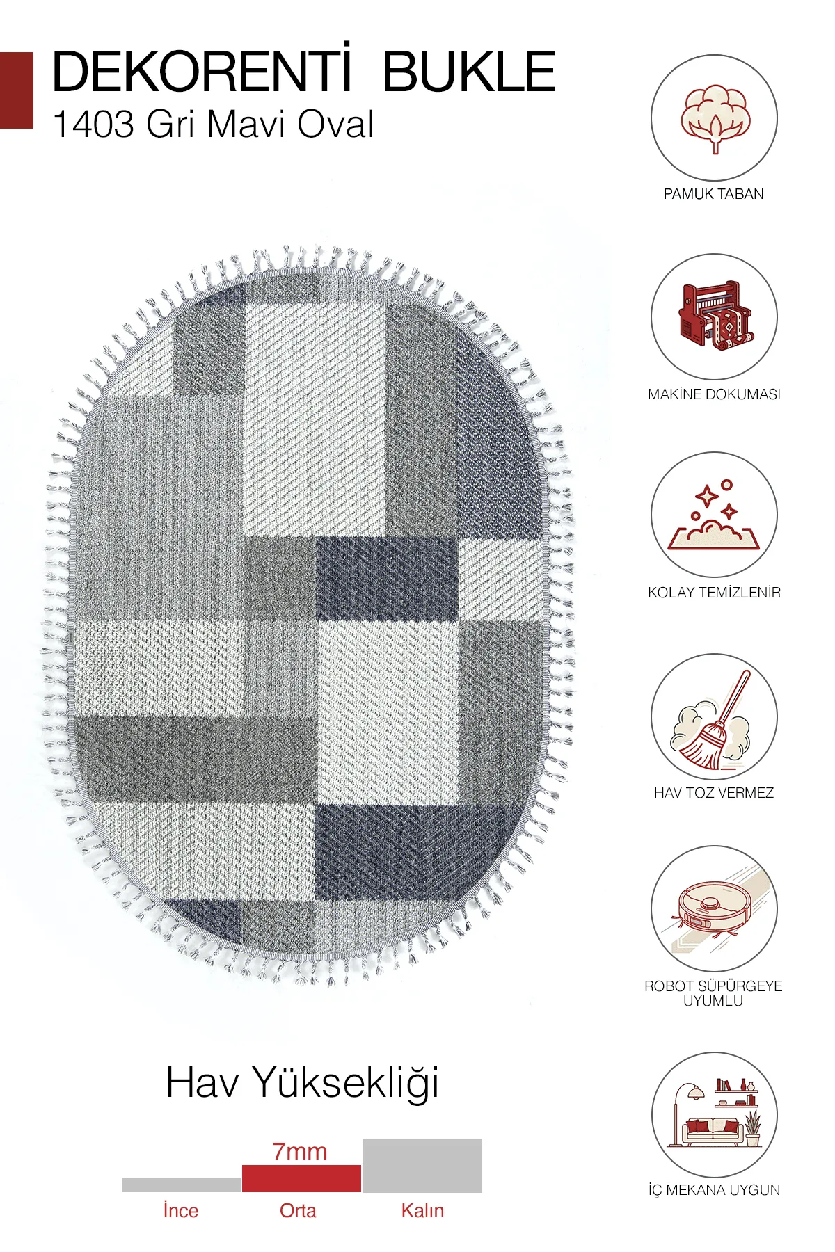 Dekorenti Bukle 1403 Gri Oval - Modern Geometrik Desenli Tozumaz Halı