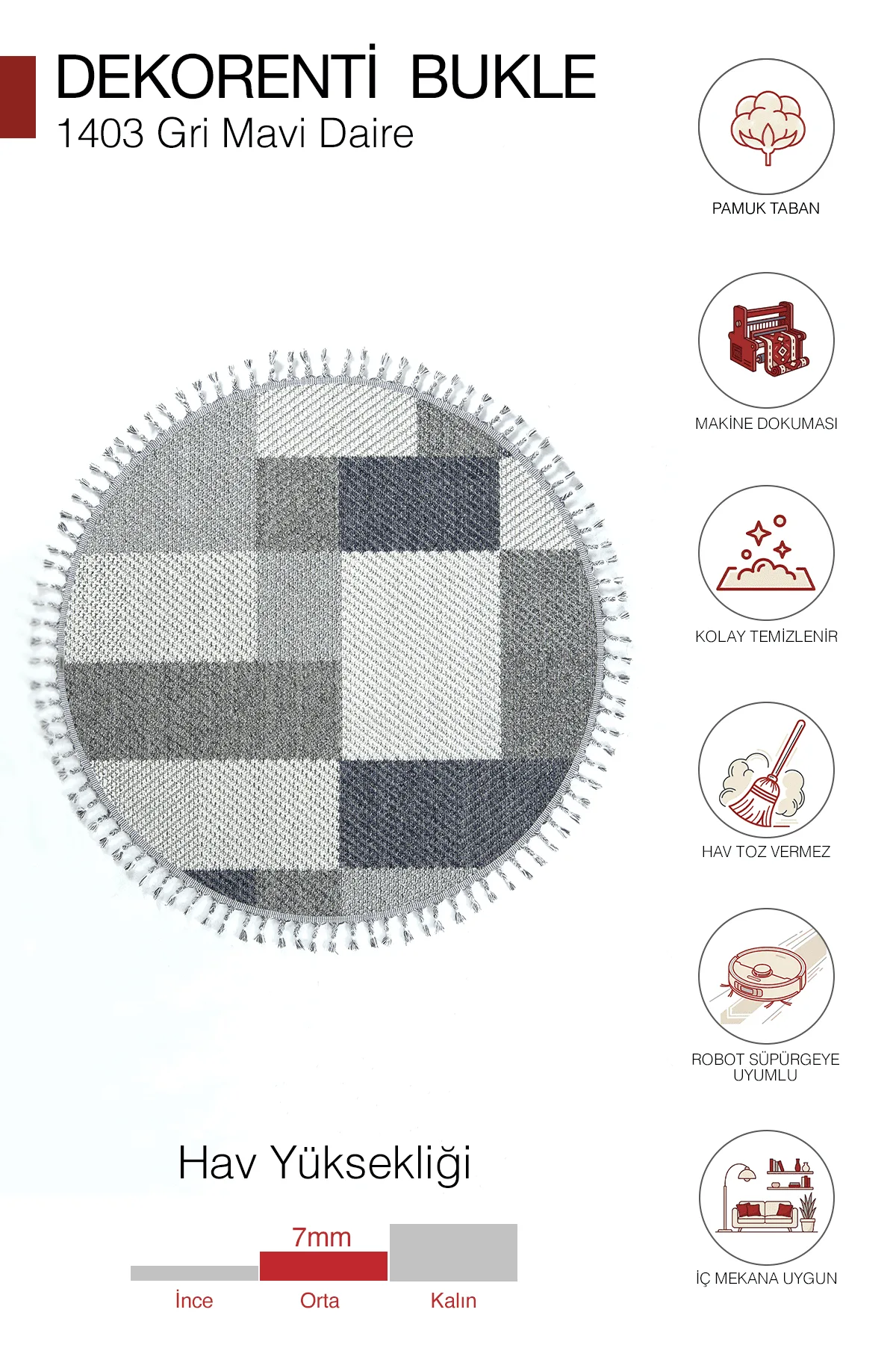 Dekorenti Bukle 1403 Gri Daire - Modern Geometrik Desenli Tozumaz Halı