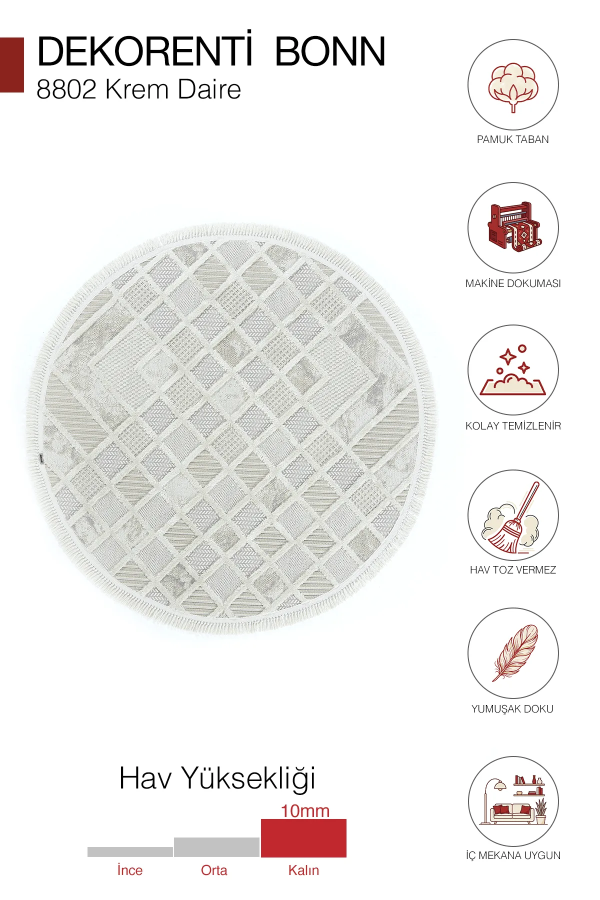 Dekorenti Bonn 8802 Krem Daire Halı – Modern Geometrik Desenli Tozumaz Halı