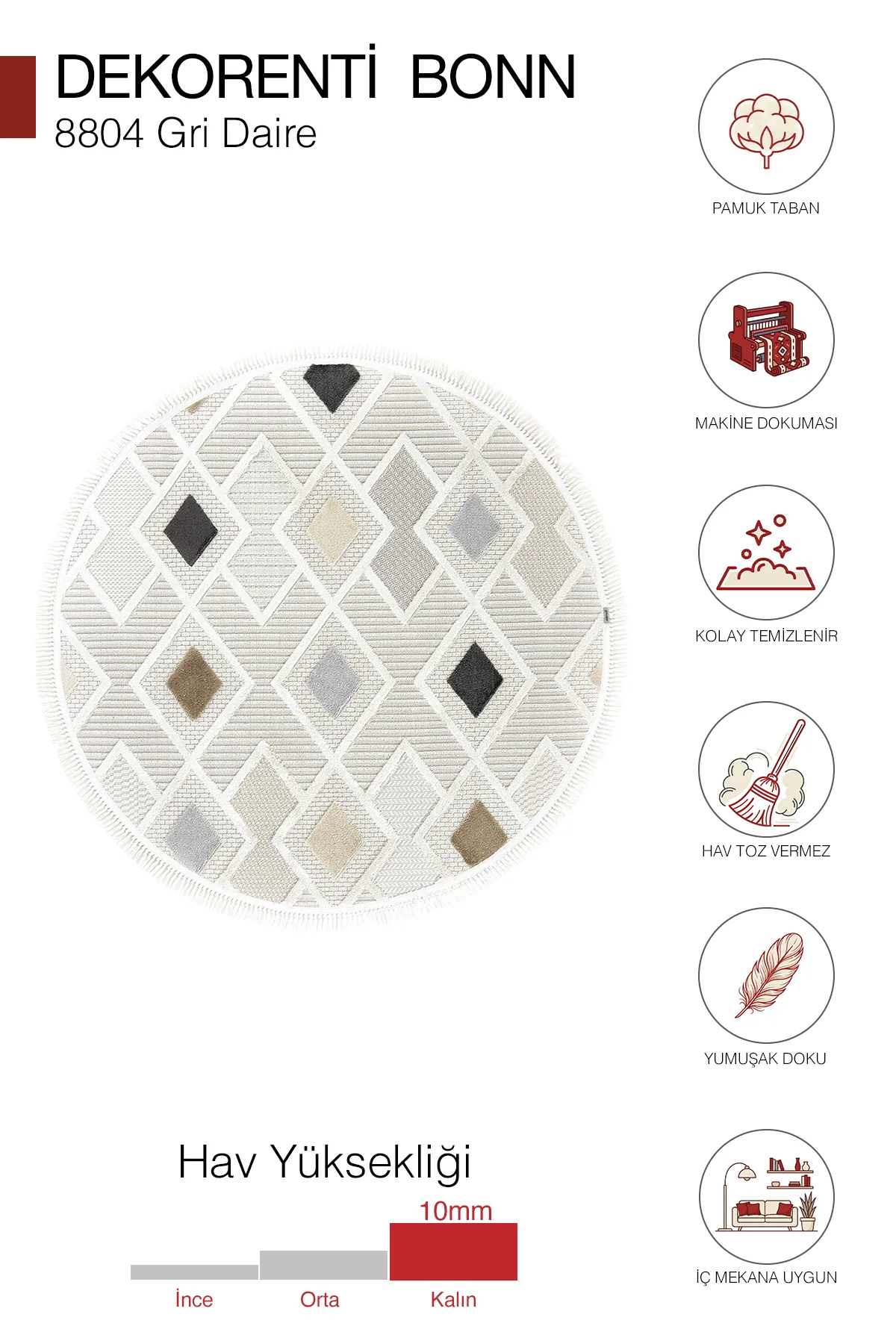 Dekorenti Bonn 8804 Gri Daire Halı – Modern Geometrik Desenli Tozumaz Halı