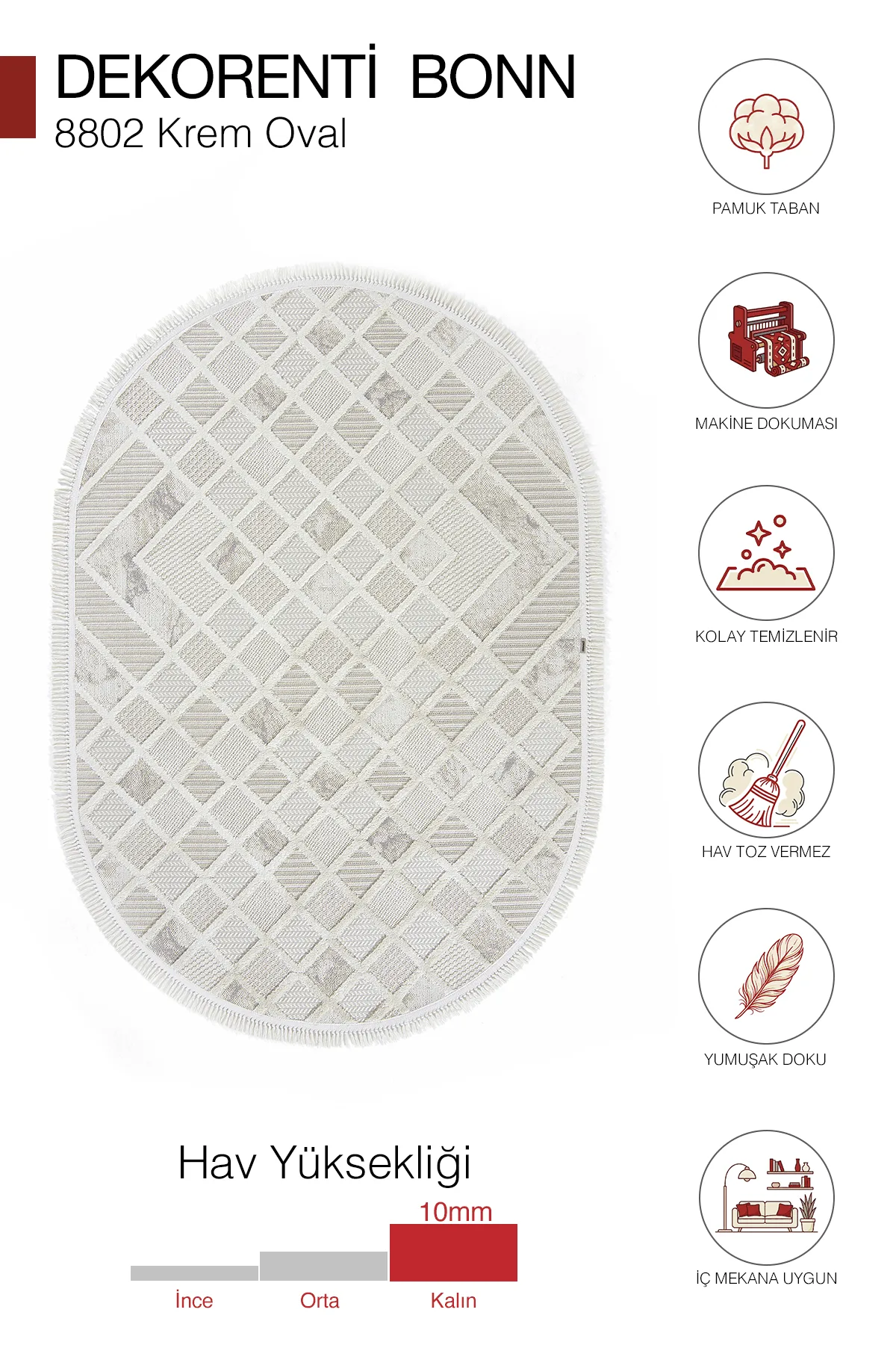 Dekorenti Bonn 8802 Krem Oval Halı – Modern Geometrik Desenli Tozumaz Halı