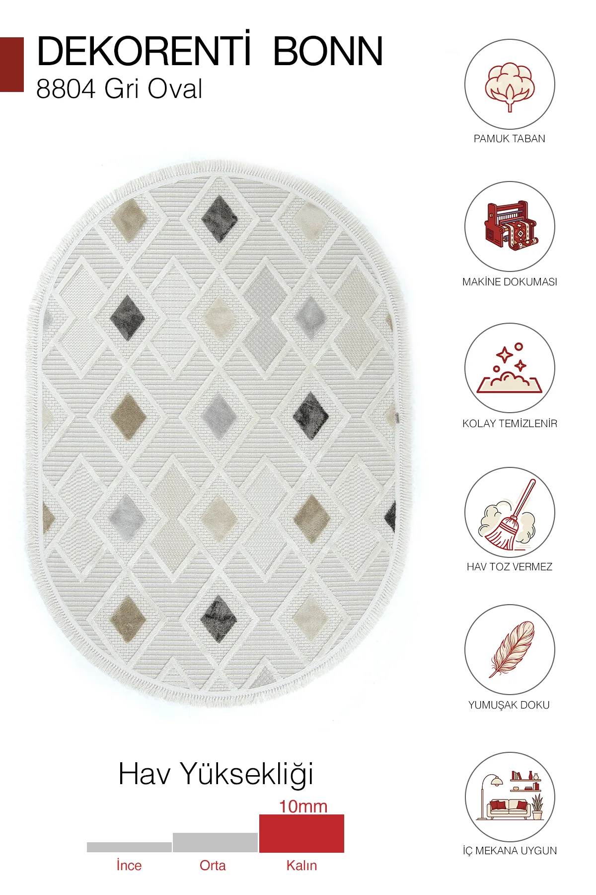 Dekorenti Bonn 8804 Gri Oval Halı – Modern Geometrik Desenli Tozumaz Halı