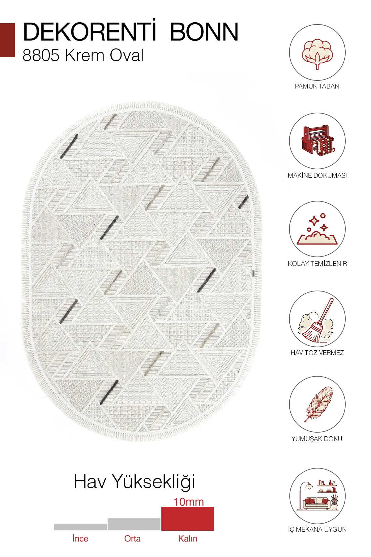 Dekorenti Bonn 8805 Krem Oval Halı – Modern Geometrik Desenli Tozumaz Halı