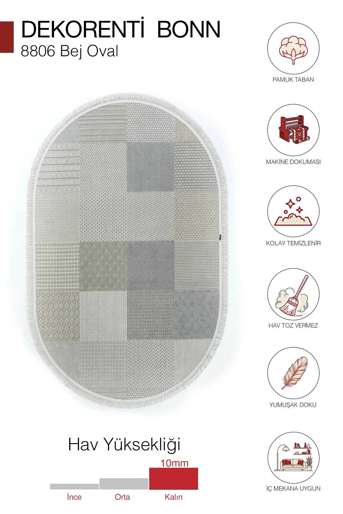 Dekorenti Bonn 8806 Bej Oval - Modern Geometrik Desenli Tozumaz Halı