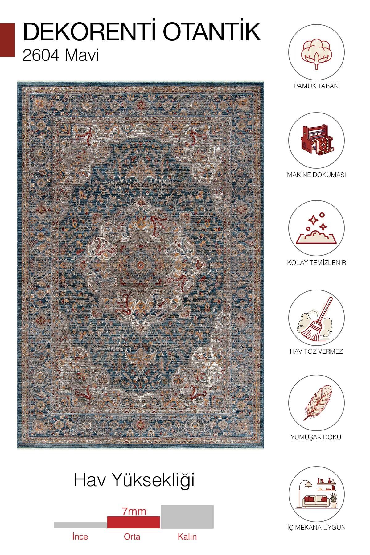 Dekorenti Otantik 2604 Mavi Halı Eskitme Madalyon Desenli Halı