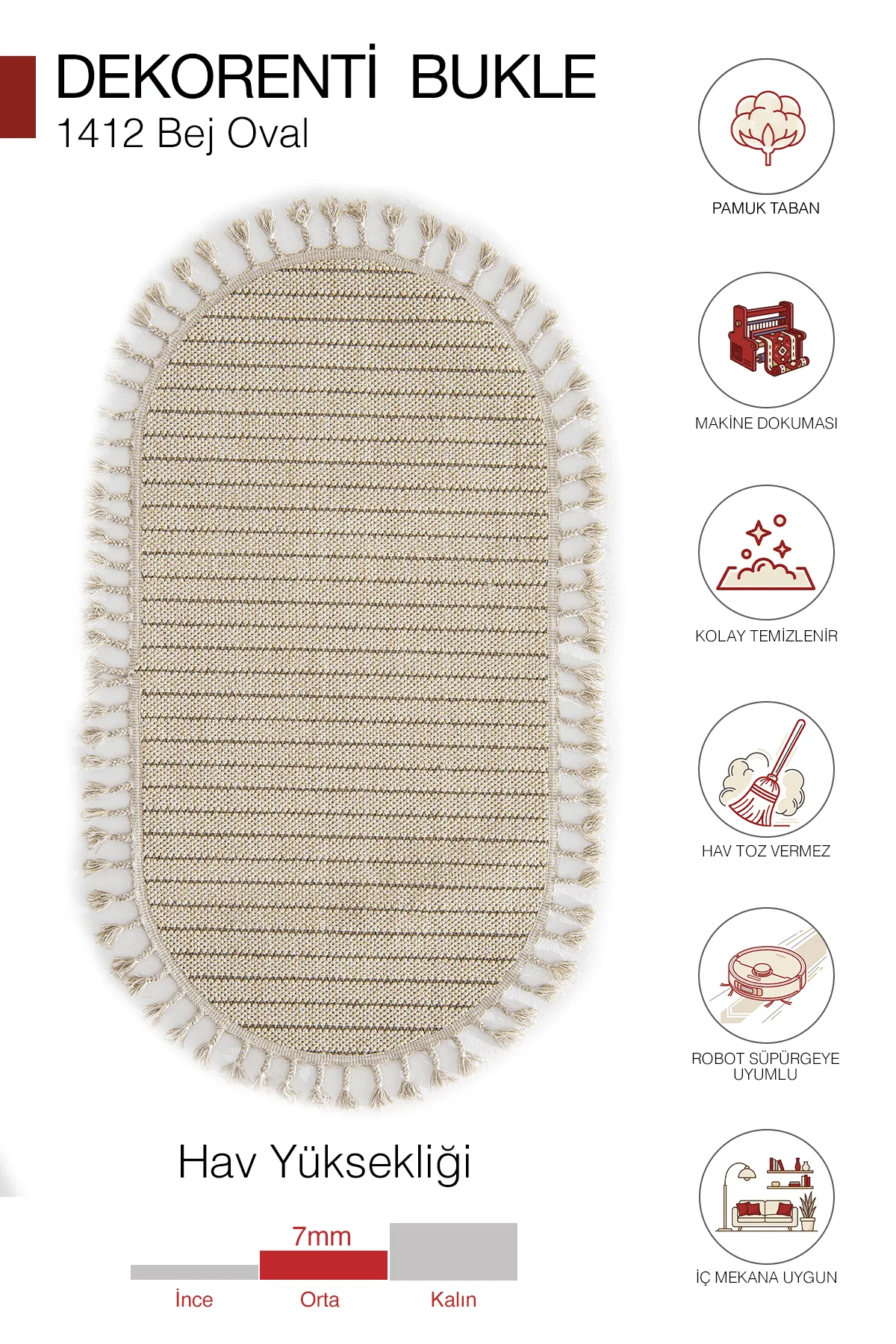 Dekorenti Bukle 1412 Bej Oval – Bohem Tarzı Bukle Dokuma Halı
