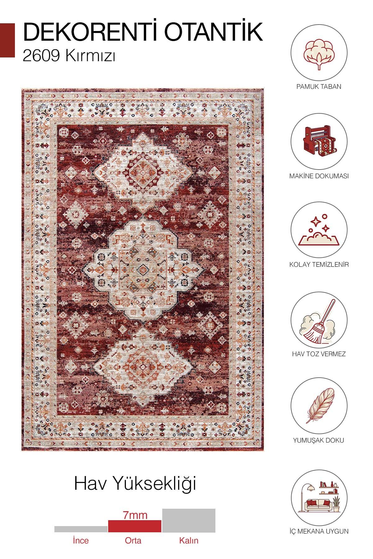 Dekorenti Otantik 2609 Kırmızı Halı Madalyon Desenli Vintage Halı