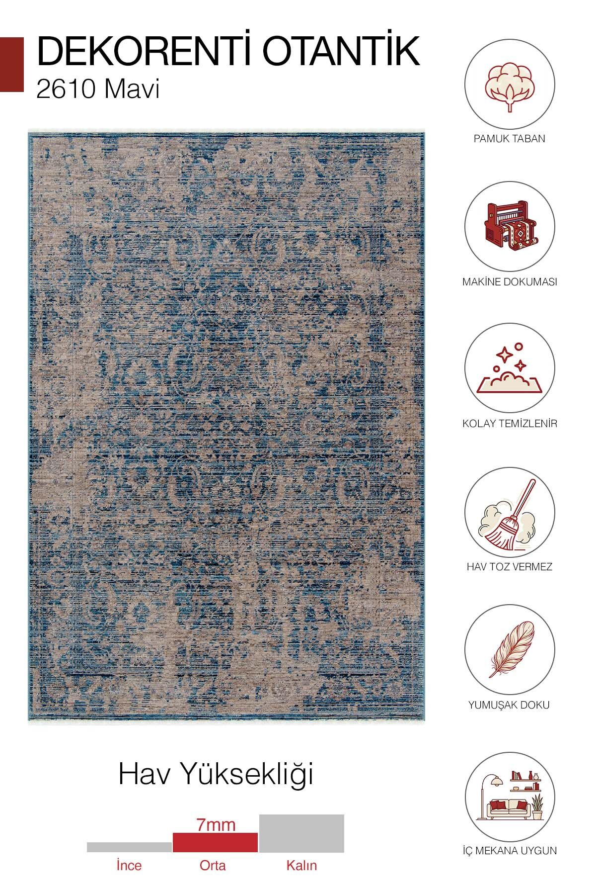 Dekorenti Otantik 2610 Mavi Halı Eskitme Görünümlü Vintage Halı