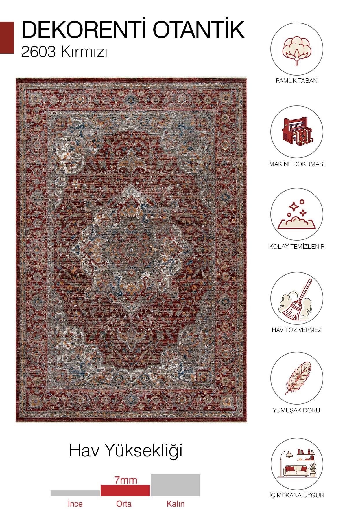 Dekorenti Otantik 2603 Kırmızı Halı Eskitme Madalyon Desenli Halı