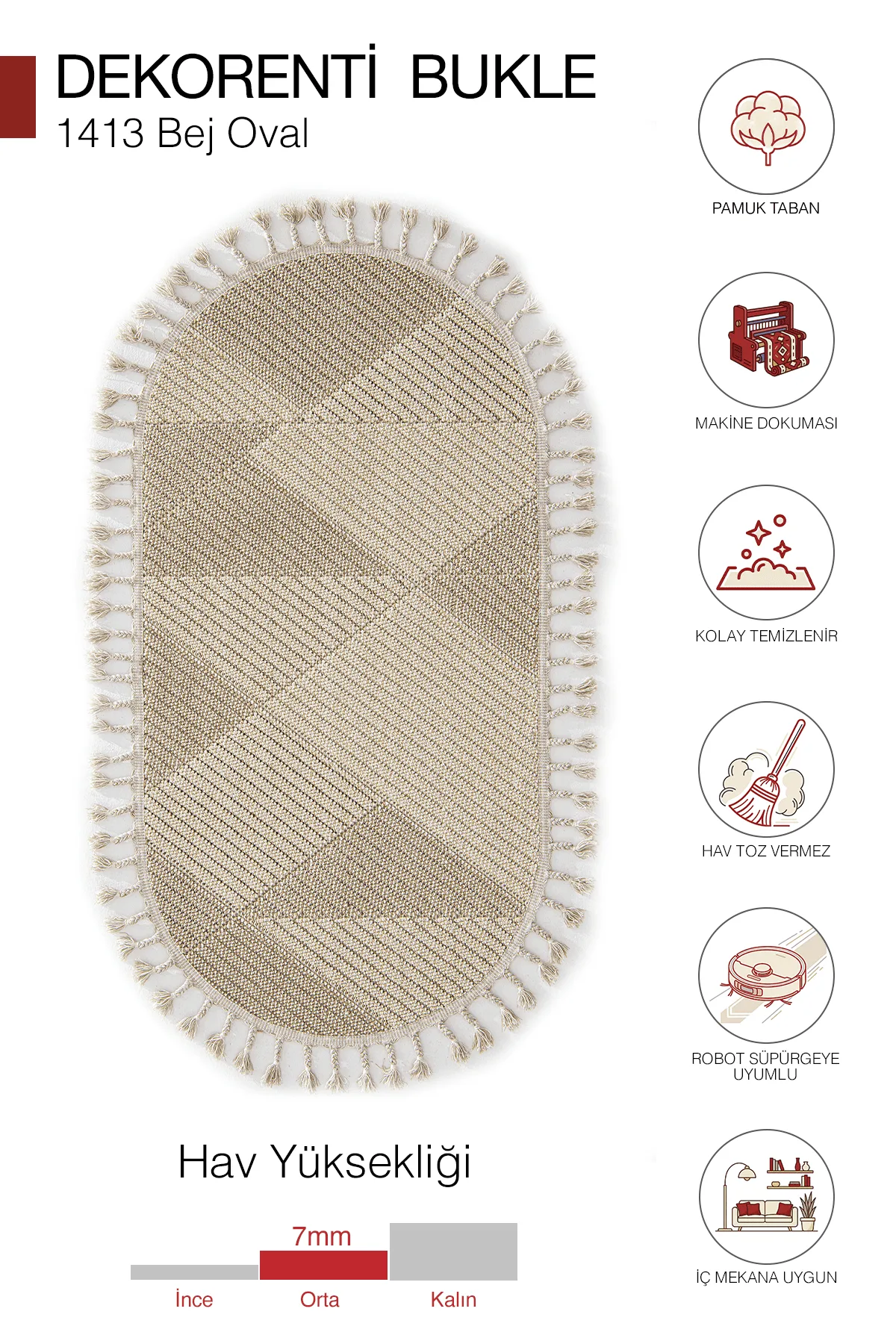 Dekorenti Bukle 1413 Bej Oval – Geometrik Çizgili Bukle Halı