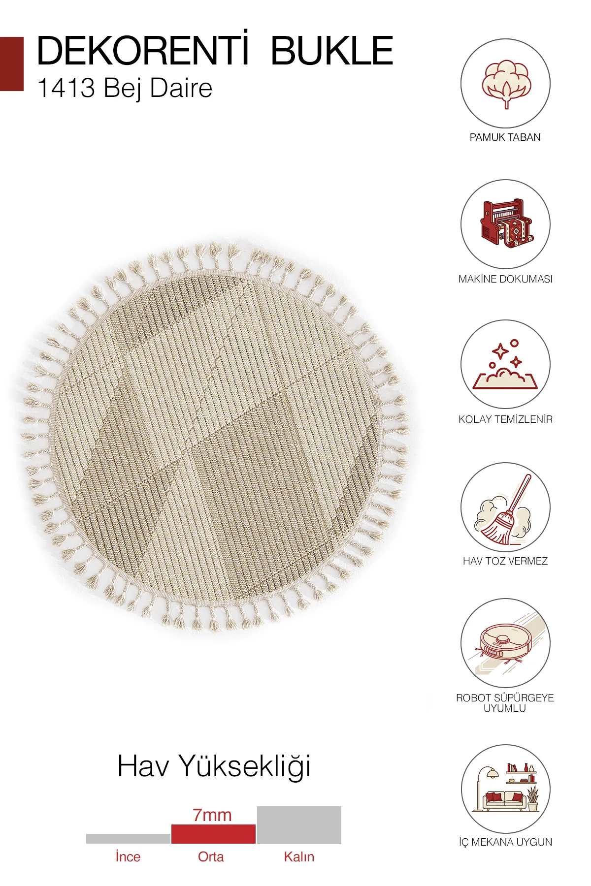 Dekorenti Bukle 1413 Bej Daire – Geometrik Çizgili Bukle Halı