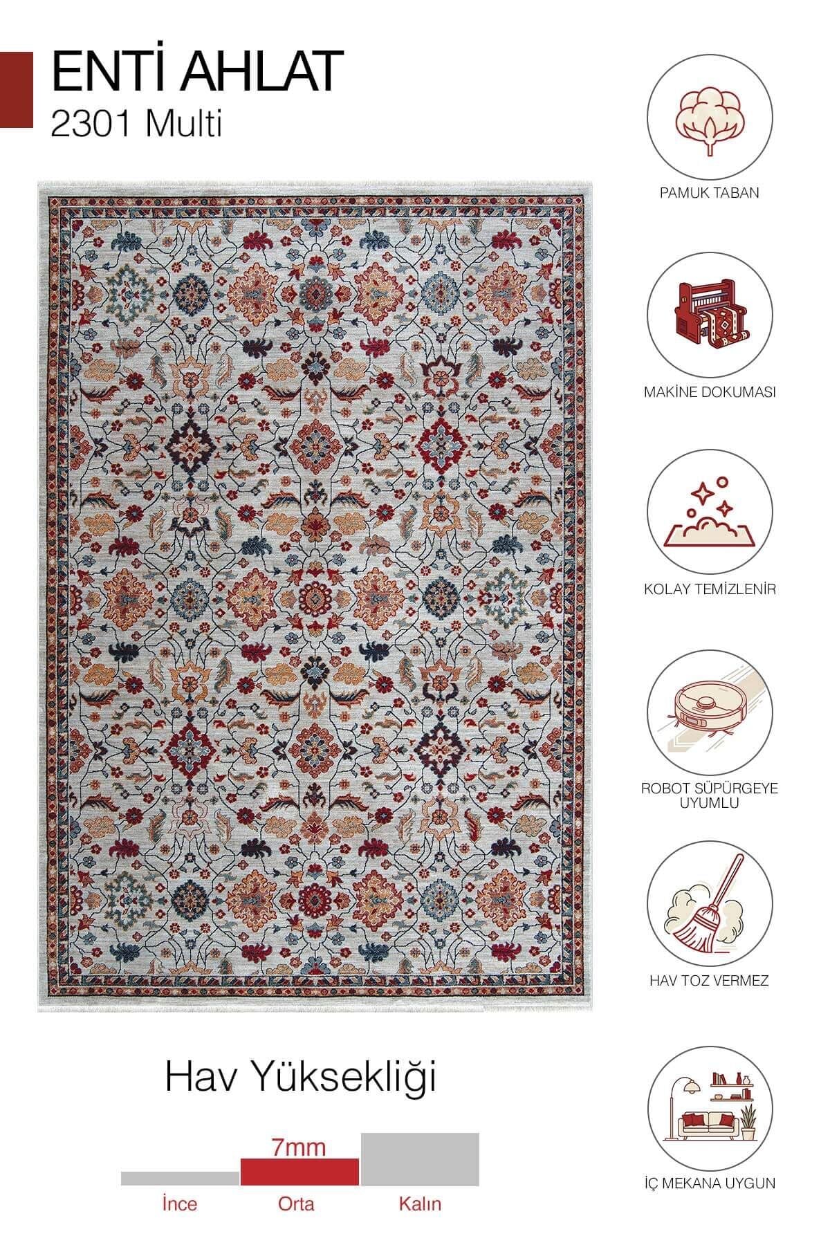 Ahlat 2301 Multi - Motifli Eskitme Klasik Pamuk Taban Makine Halısı