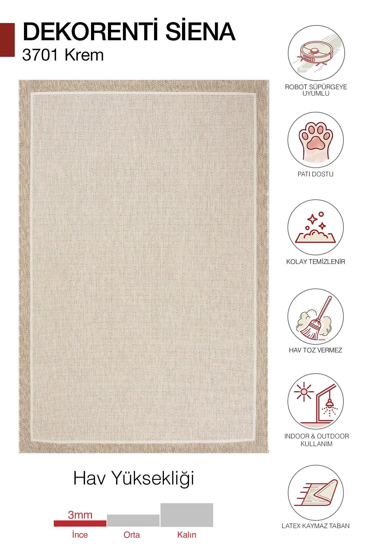 Dekorenti Siena 3701 Krem Sisal Halı - Modern Mutfak ve Koridor Halısı