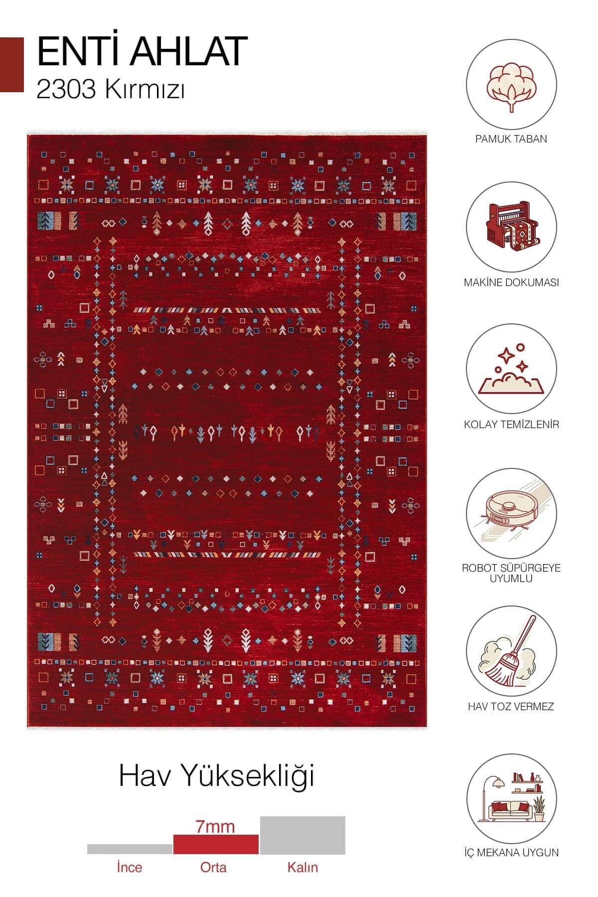 Ahlat 2303 Kırmızı Eskitme Desenli Salon Oturma Odası Halısı