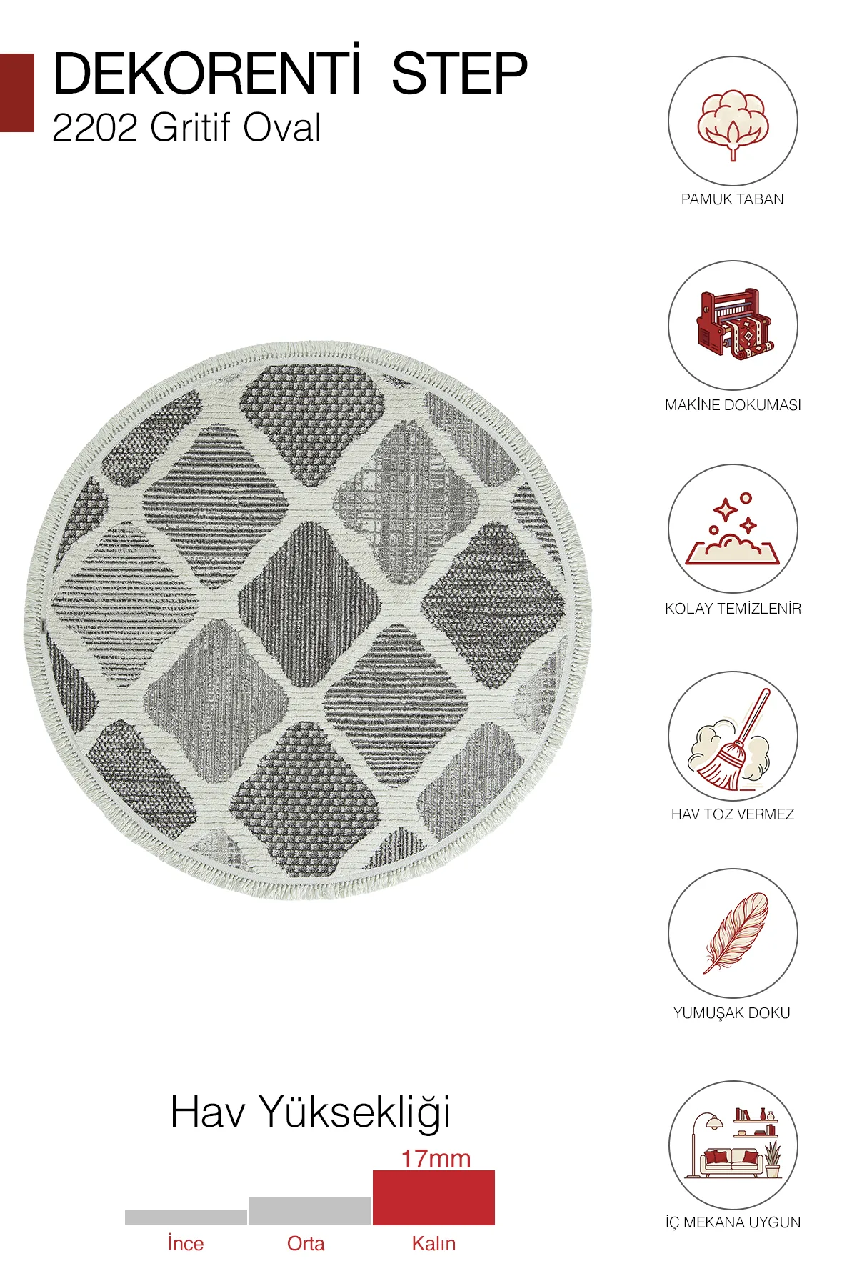 Dekorenti Step 2202 Gri Daire - Baklava Dilimli Yumuşak Tozumaz Halı