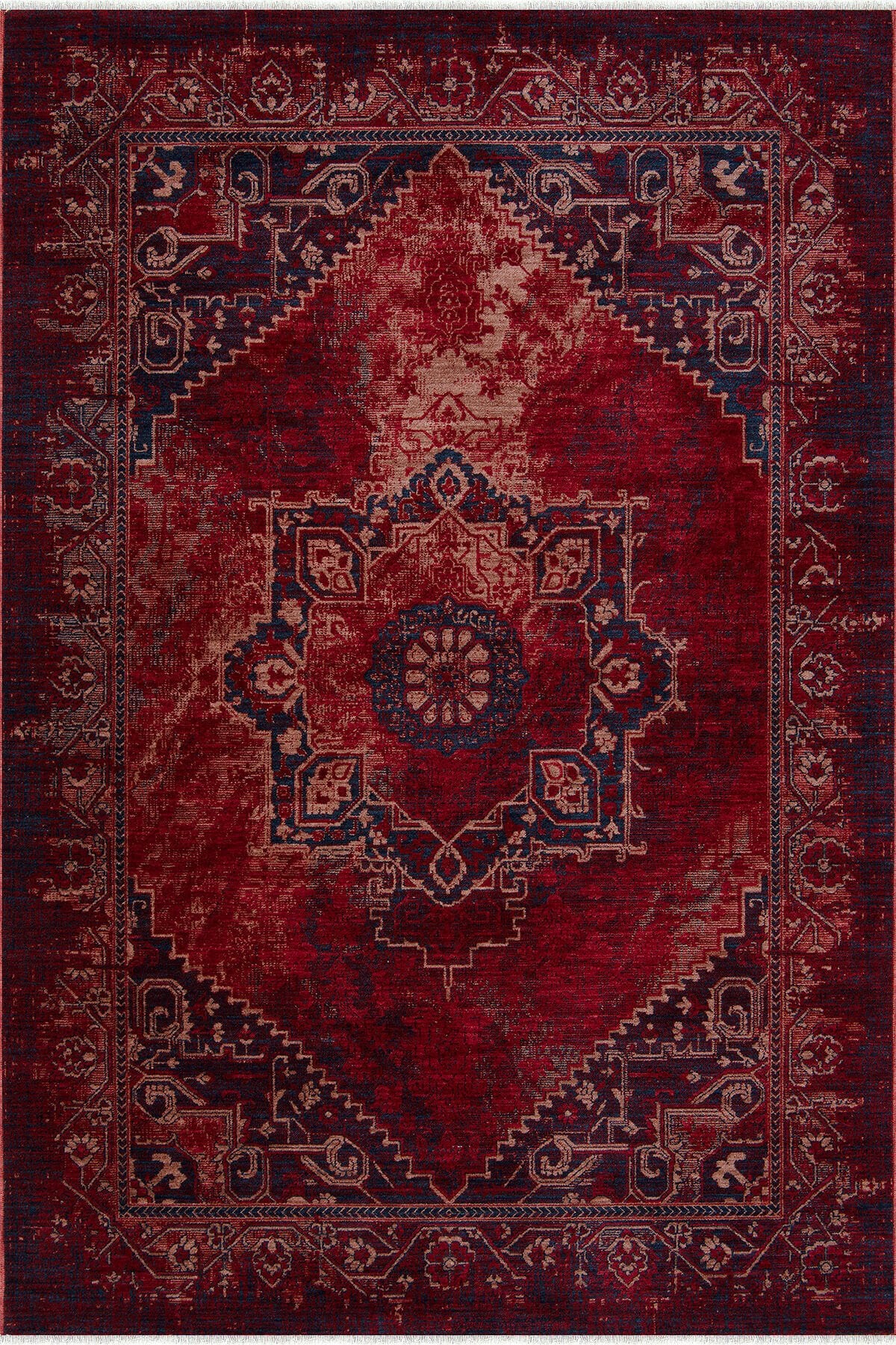 Ahlat 2305 Kırmızı Lacivert Eskitme Desenli Salon Oturma Odası Halısı