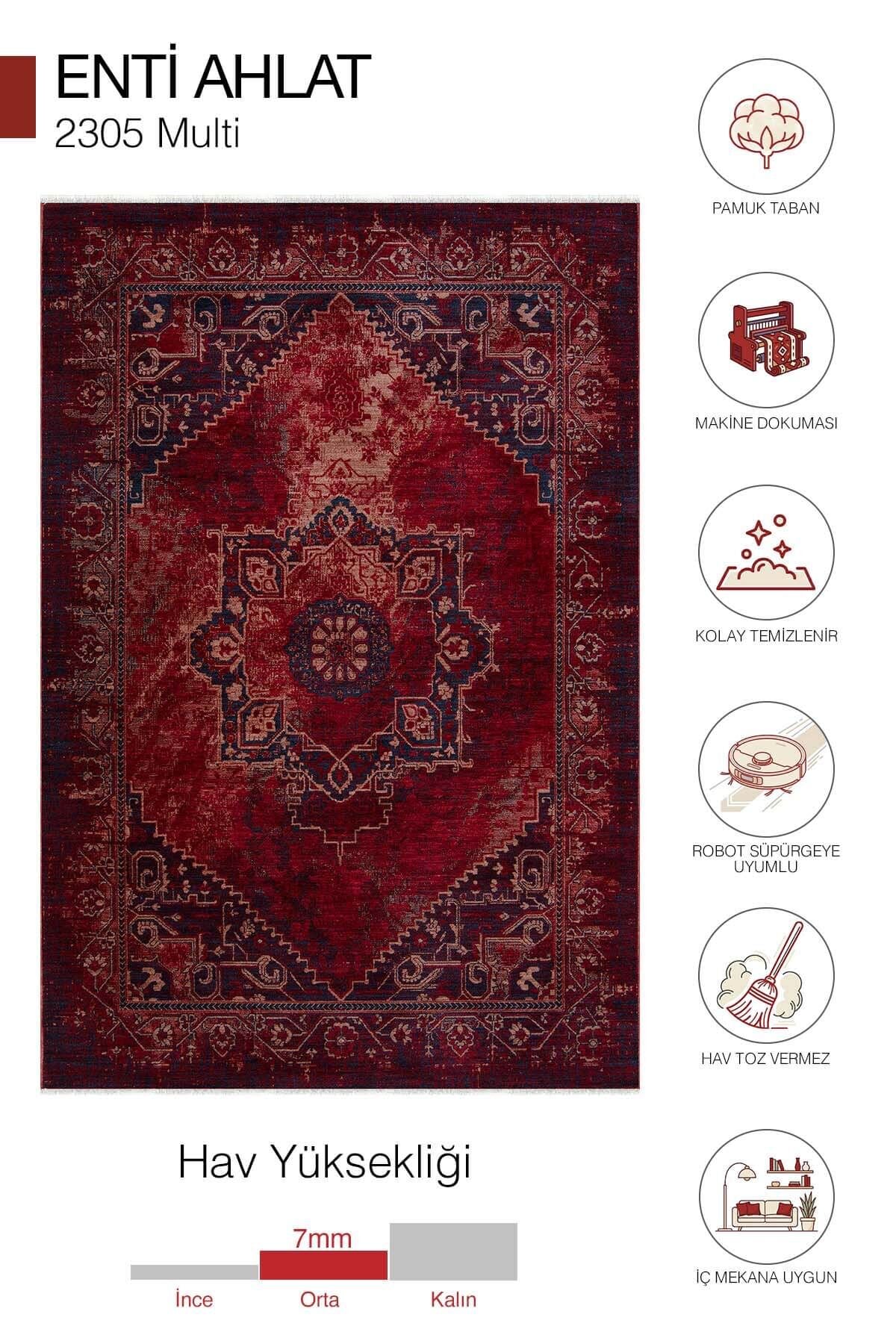 Ahlat 2305 Kırmızı Lacivert Eskitme Desenli Salon Oturma Odası Halısı