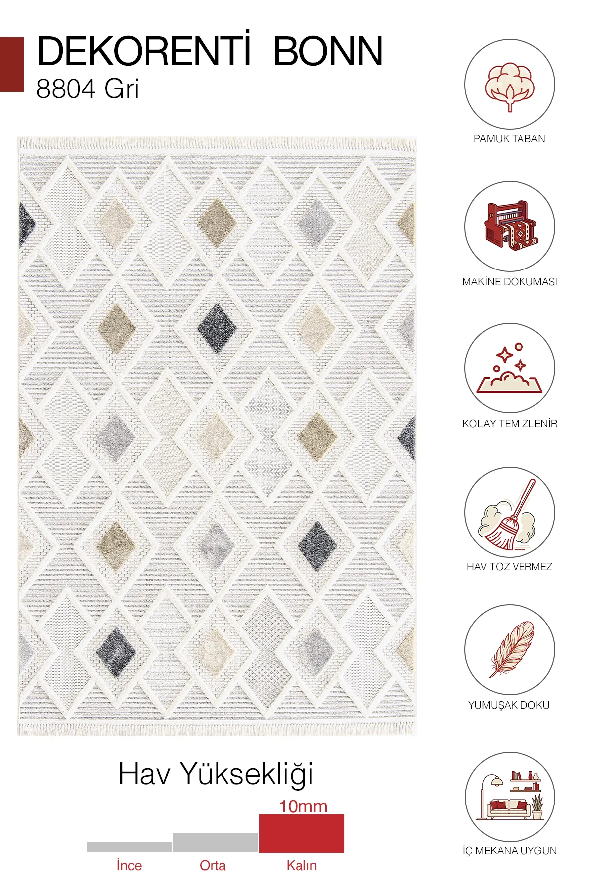 Dekorenti Bonn 8804 Gri Halı – Modern Geometrik Desenli Tozumaz Halı