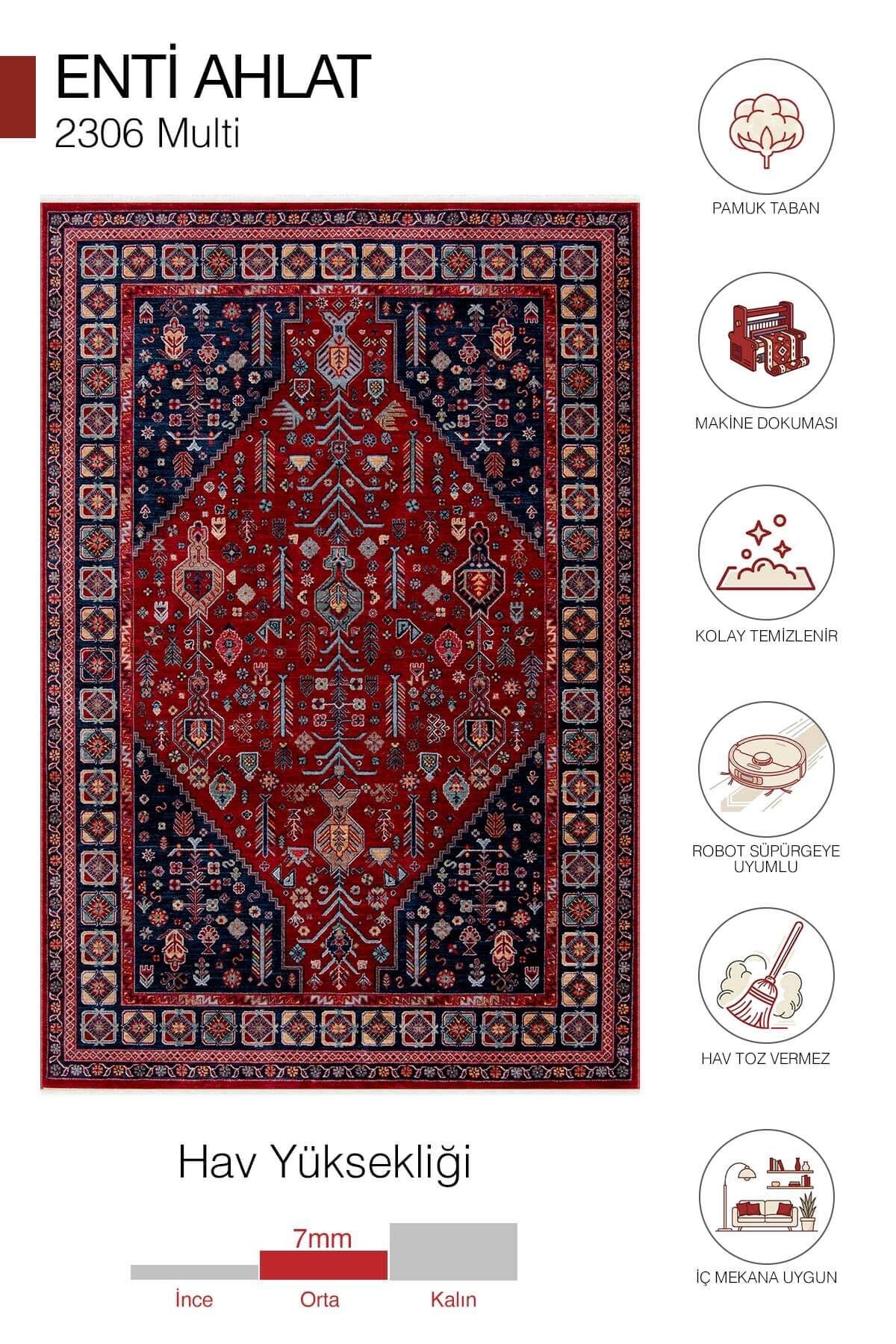Ahlat 2306 Kırmızı Lacivert Etnik Desenli Salon Oturma Odası Halısı