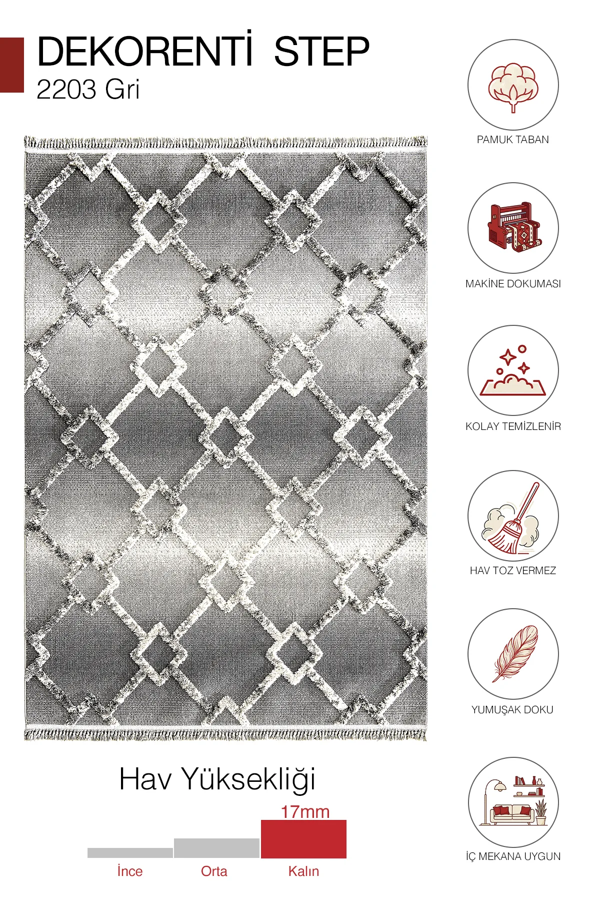 Dekorenti Step 2203 Gri Halı - Zikzak Motifli Tozumaz Halı