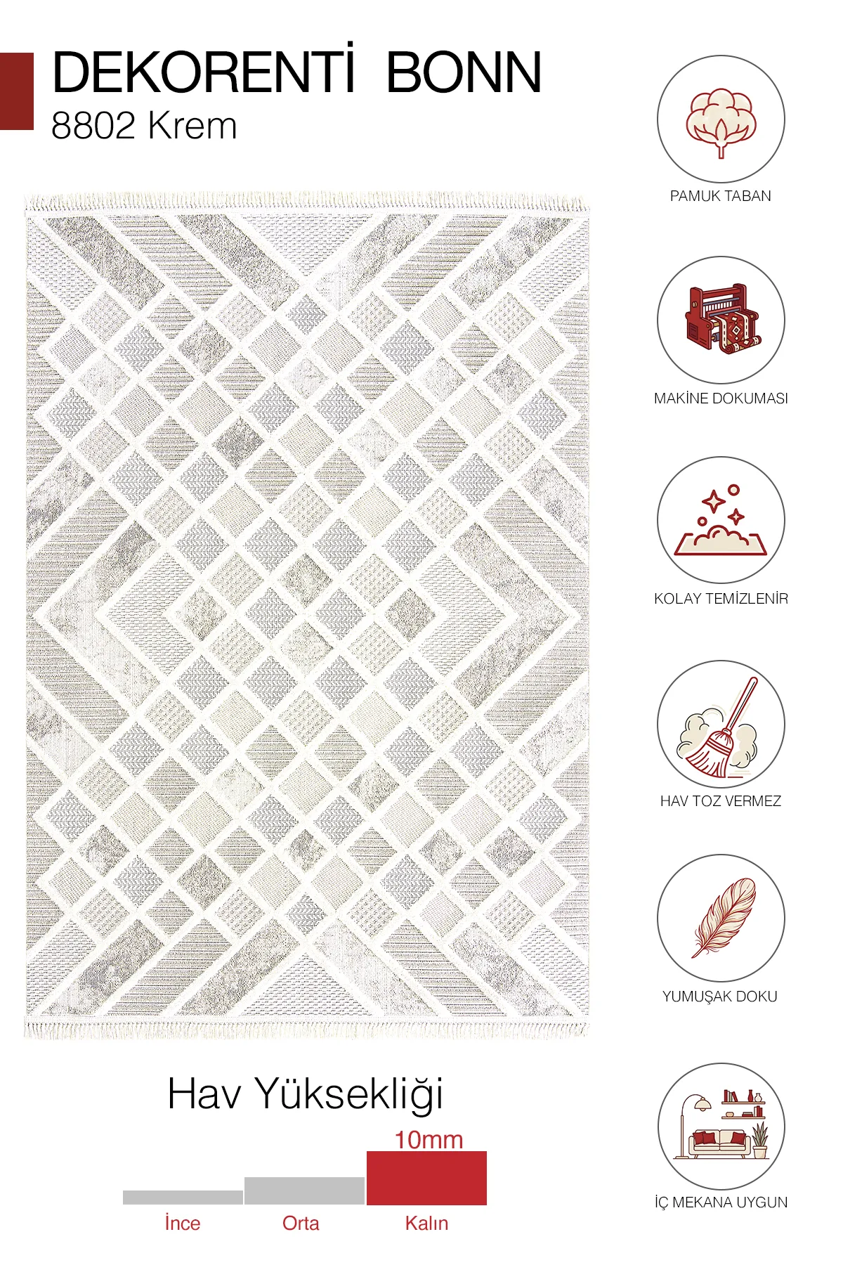 Dekorenti Bonn 8802 Krem Halı – Modern Geometrik Desenli Tozumaz Halı