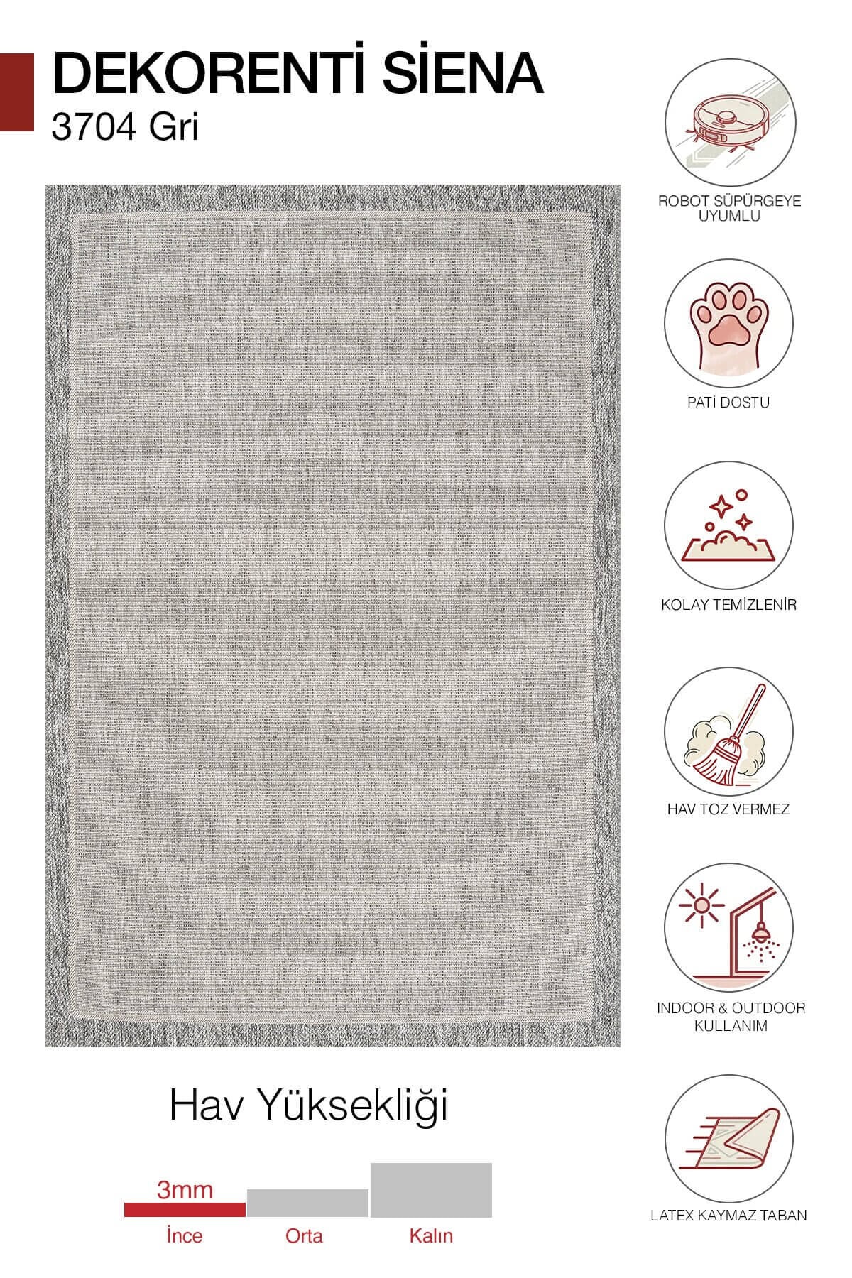 Dekorenti Siena 3704 Gri Sisal Halı – Modern Gri Çerçeveli Mutfak Halısı