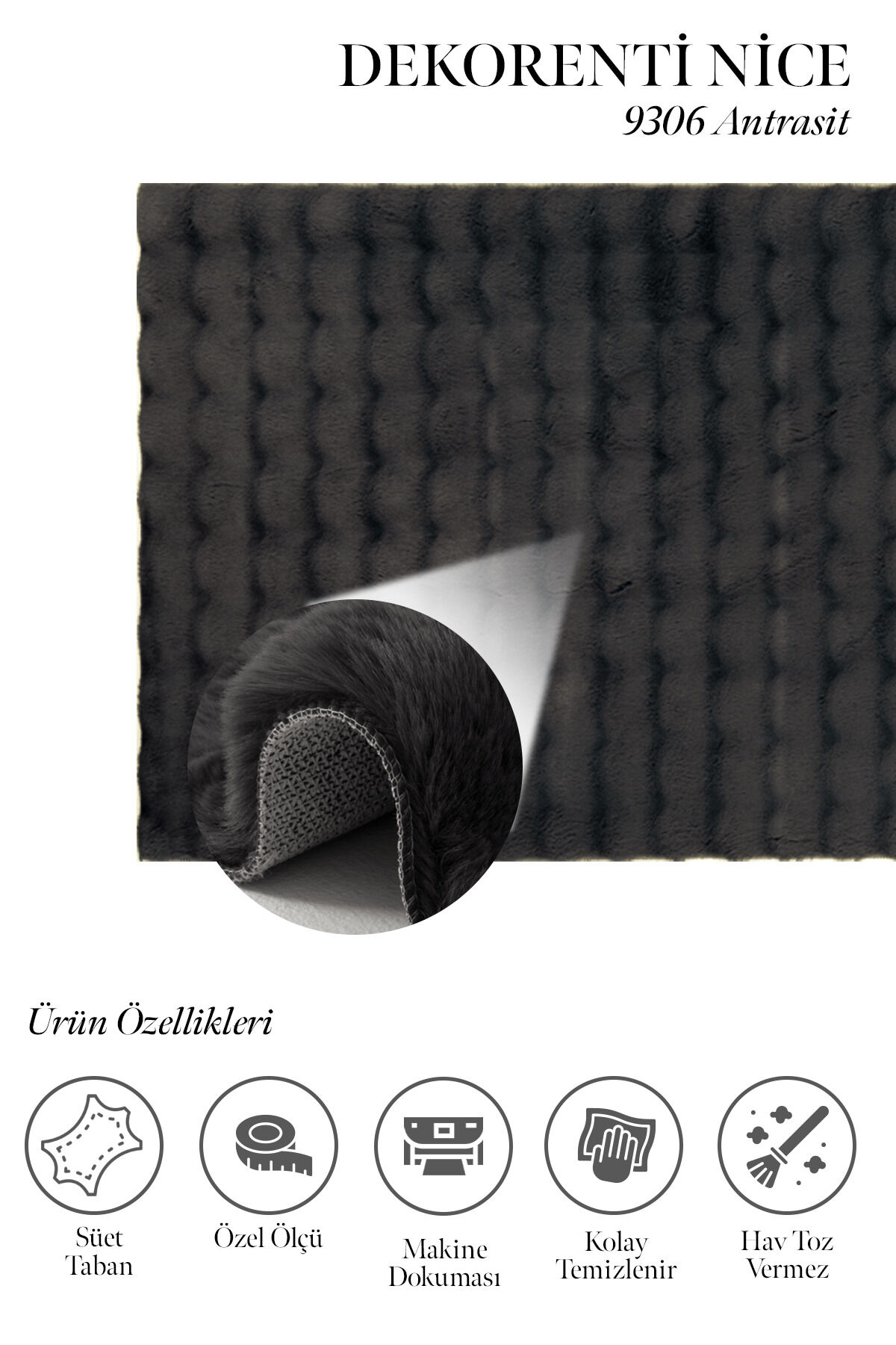 Nice 9306 Antrasit - Yumuşak Dokulu Minimal Antrasit Salon Halısı