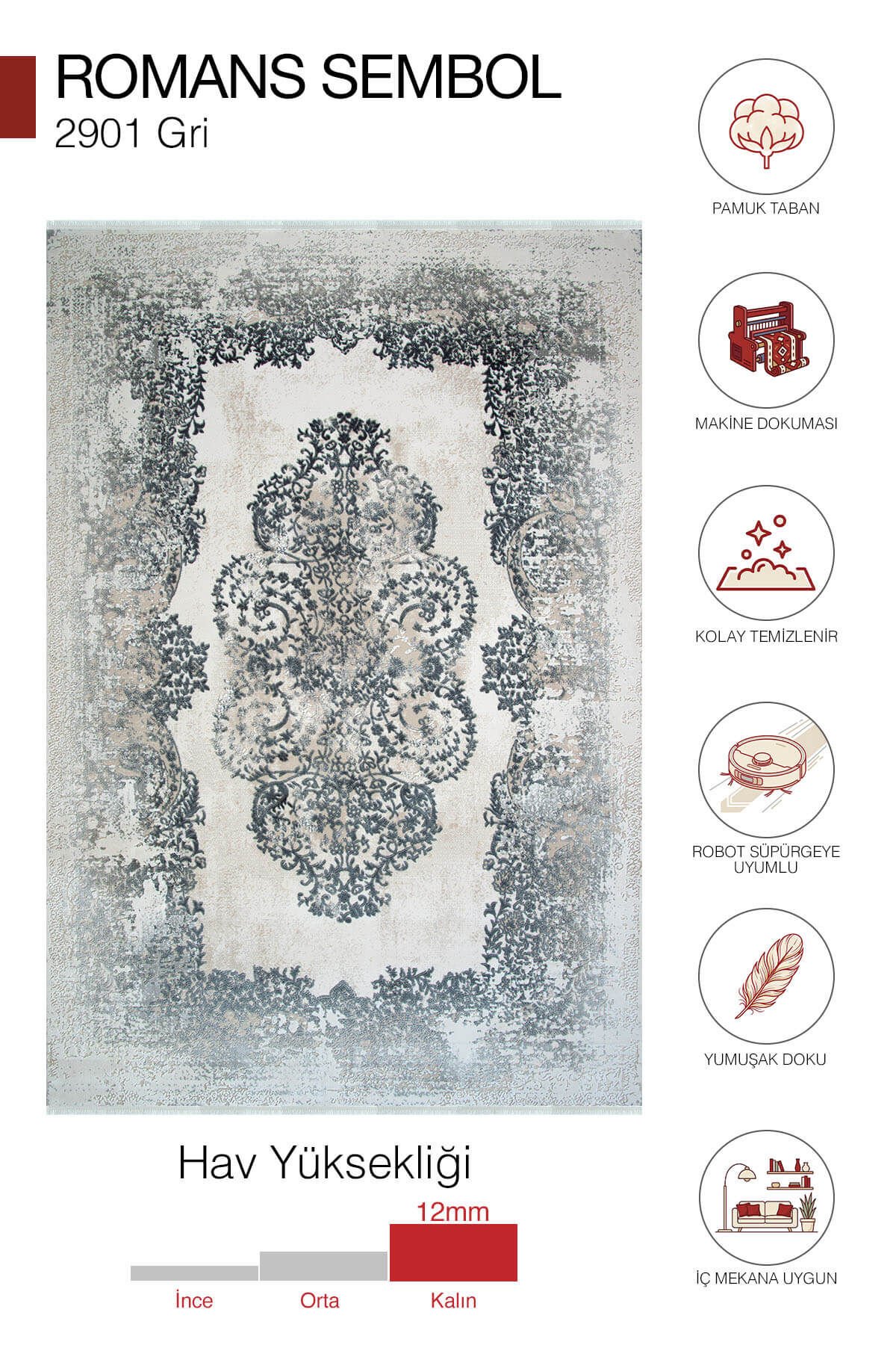 Romans Sembol 2901 Gri Halı - Akrilik Pamuk Taban Modern Salon Halısı