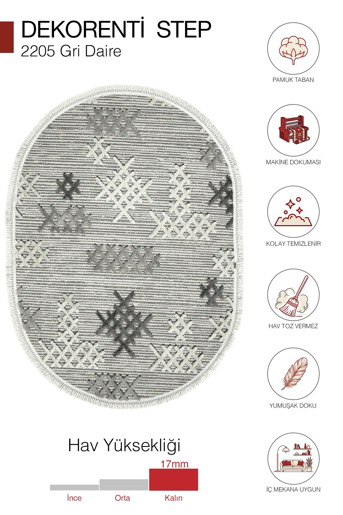 Dekorenti Step 2205 Gri Oval - Etnik Desenli Yumuşak Tozumaz Halı