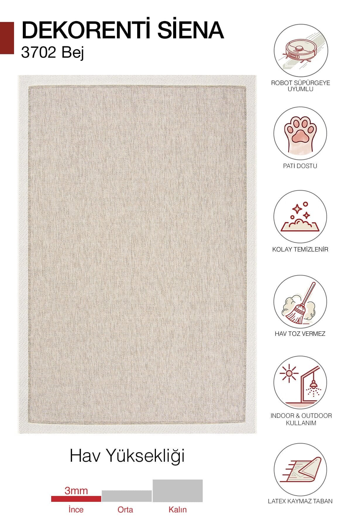 Dekorenti Siena 3702 Bej Sisal Halı – Çerçeveli Mutfak ve Koridor Halısı