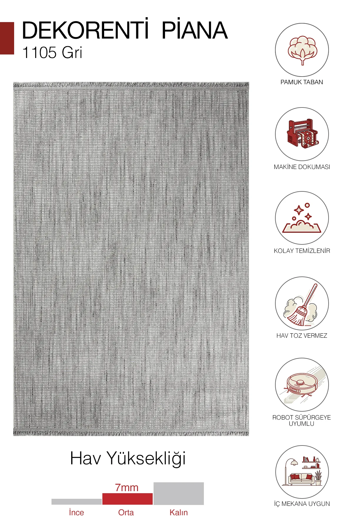 Dekorenti Piana 1105 Gri – Pamuk Tabanlı Örgü Saçaklı Modern Polyester Halı