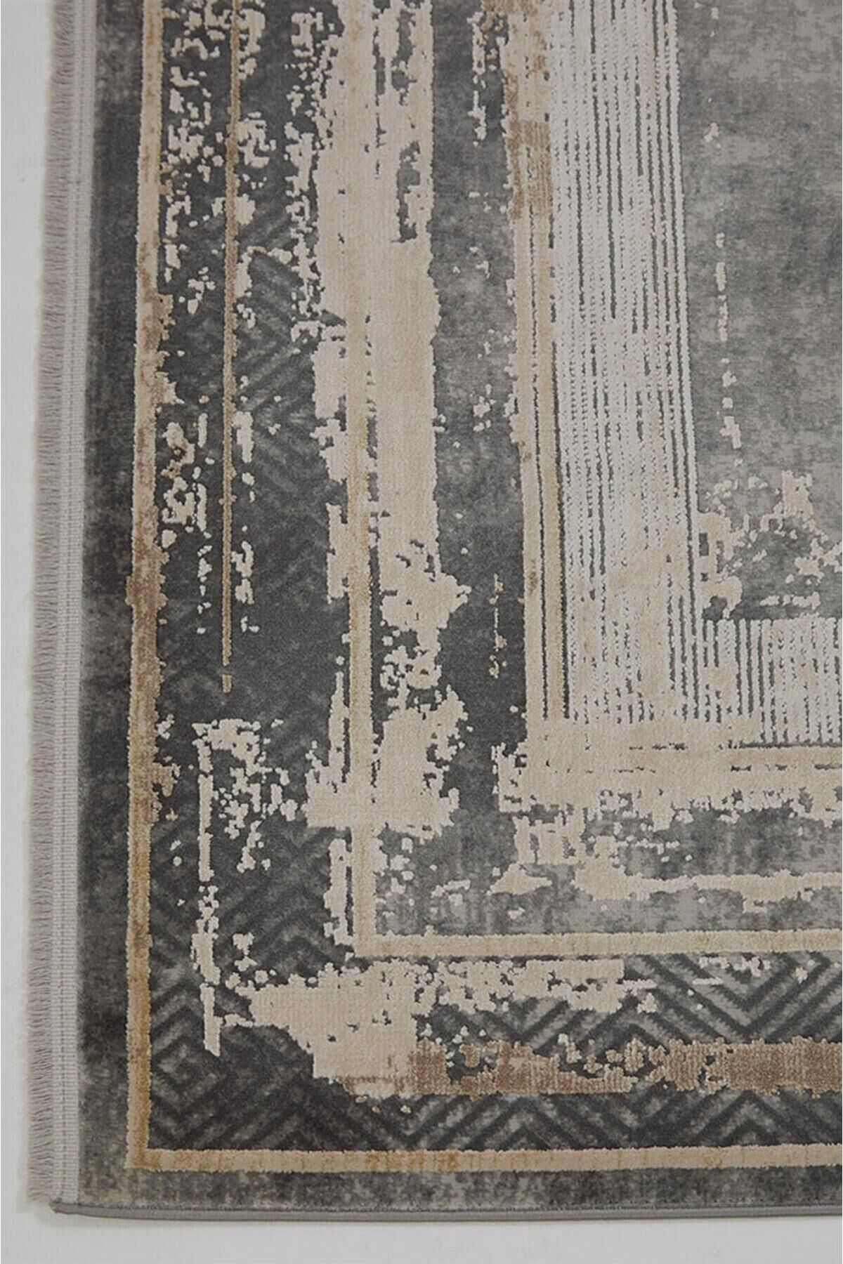 Romans Naturel 1703 Gri Vizon - Çerçeve Desenli Viskon Akrilik Halı
