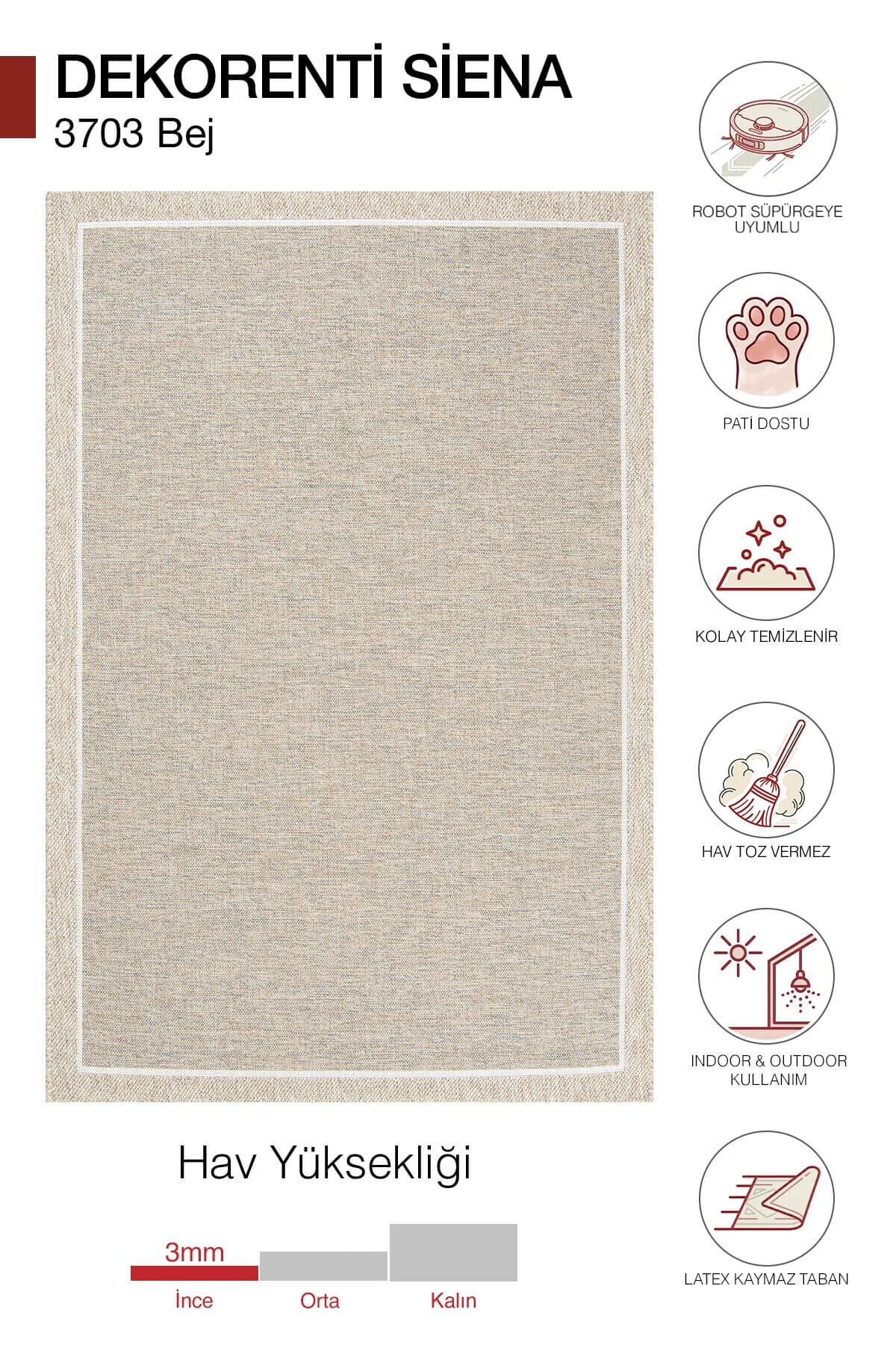 Dekorenti Siena 3703 Bej Sisal Halı – Çerçeveli Mutfak ve Koridor Halısı
