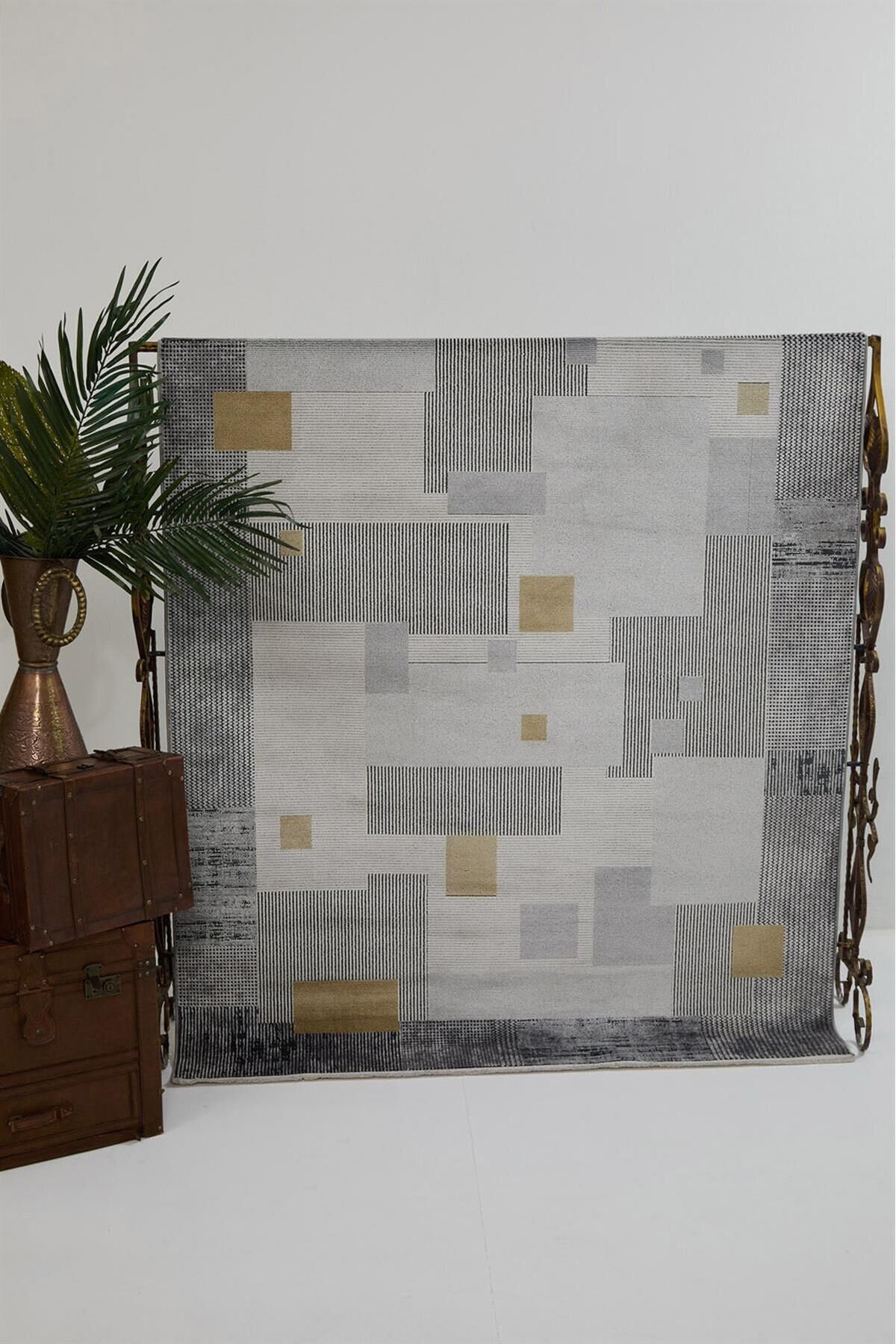 Romans Naturel 1709 Gri Sarı - Patchwork Geometrik Modern Halı