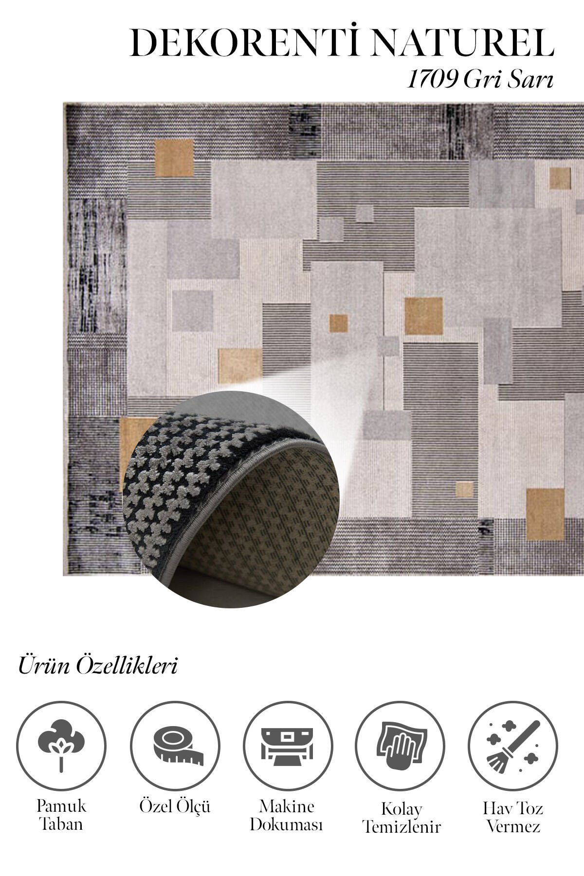 Romans Naturel 1709 Gri Sarı - Patchwork Geometrik Modern Halı