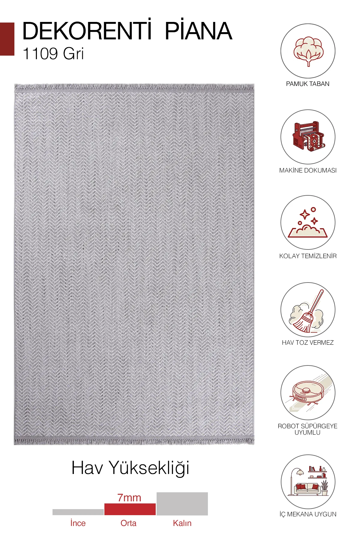 Dekorenti Piana 1109 Gri – Pamuk Tabanlı Örgü Saçaklı Modern Polyester Halı