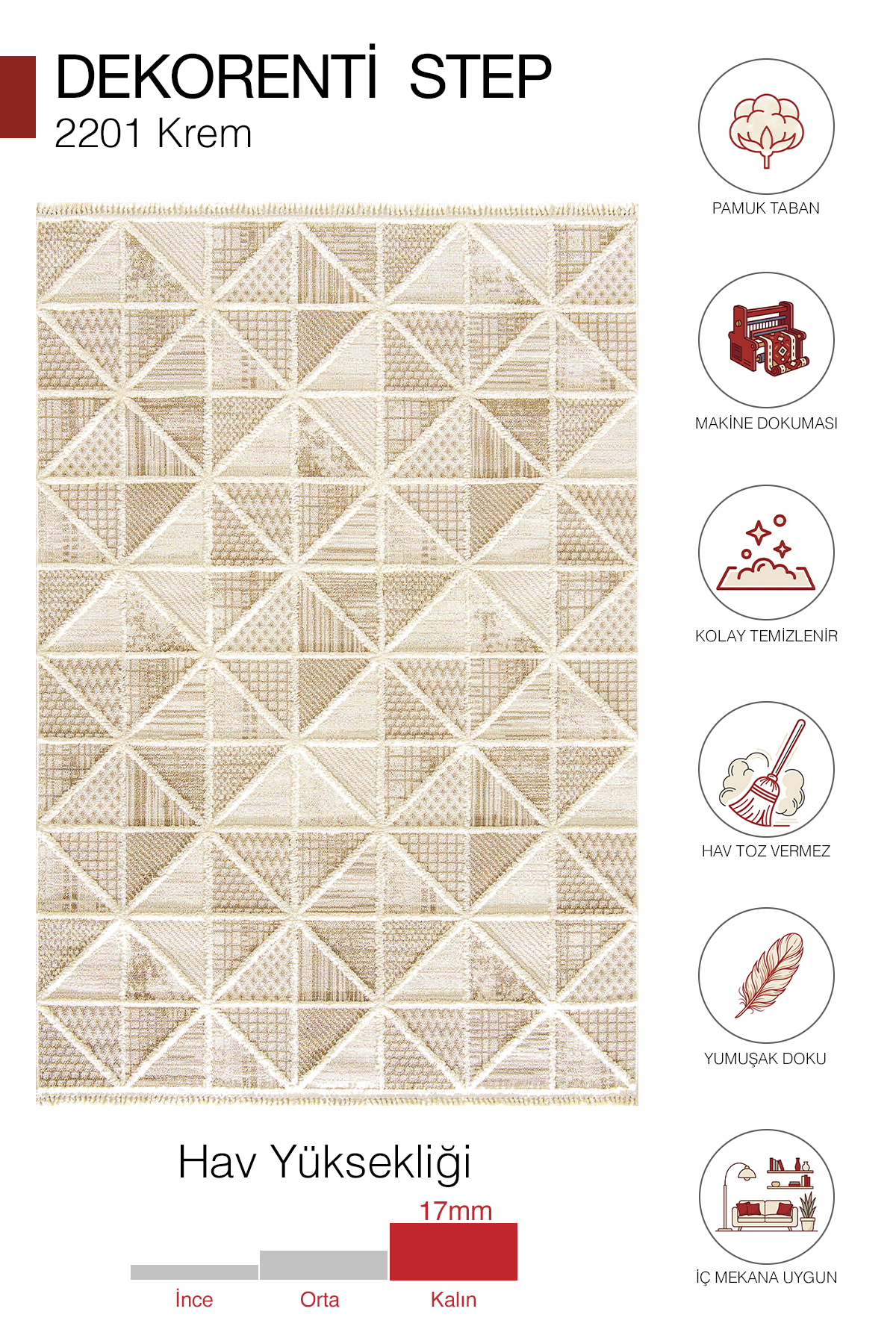 Dekorenti Step 2201 Krem - Yumuşak Tozumaz Dayanıklı Modern Halı