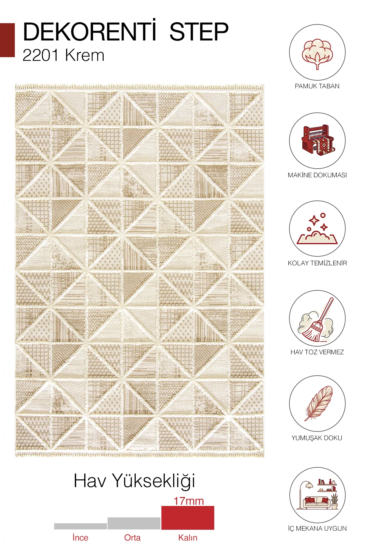 Dekorenti Step 2201 Krem - Yumuşak Tozumaz Dayanıklı Modern Halı