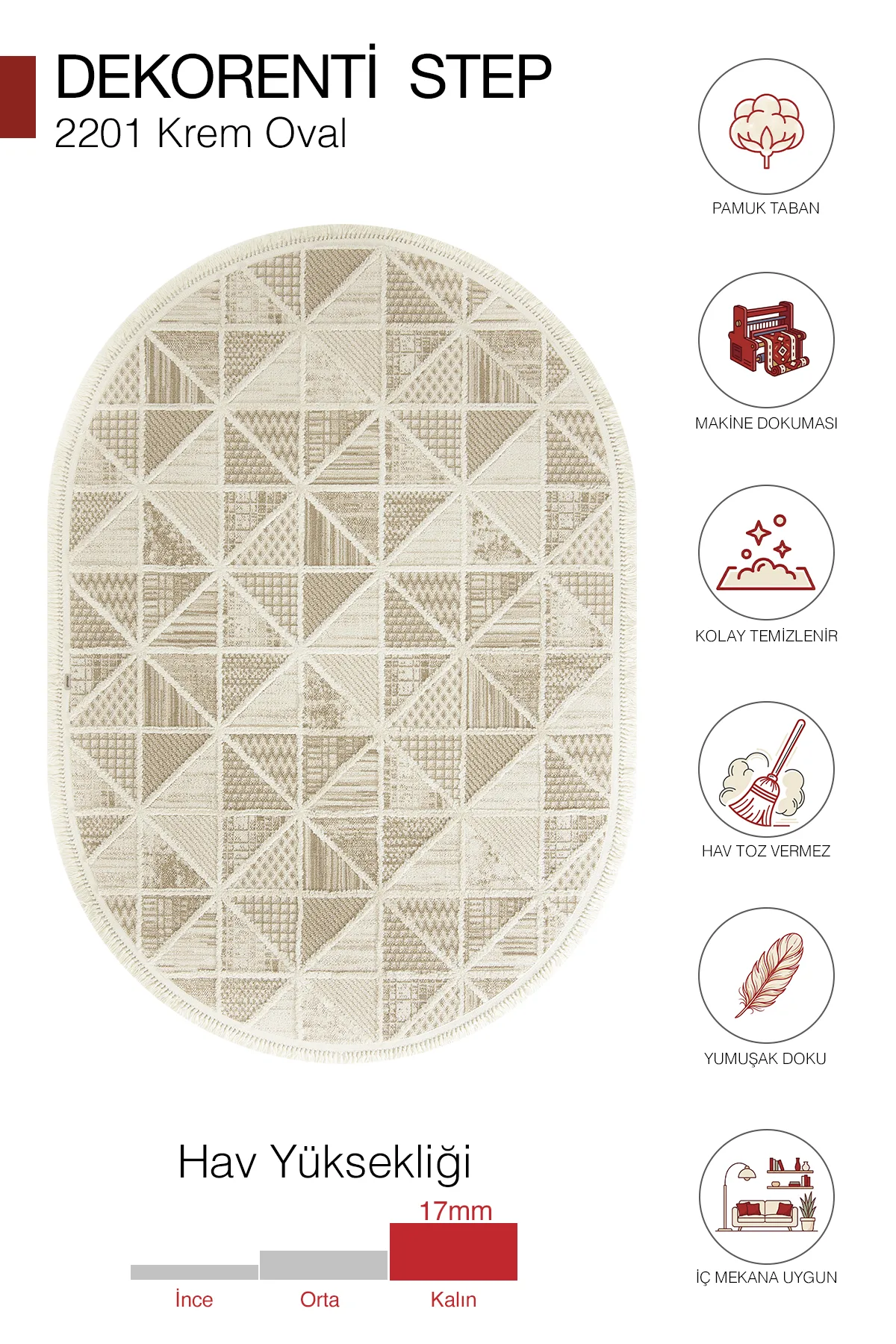 Dekorenti Step 2201 Krem Oval - Yumuşak Tozumaz Dayanıklı Modern Halı