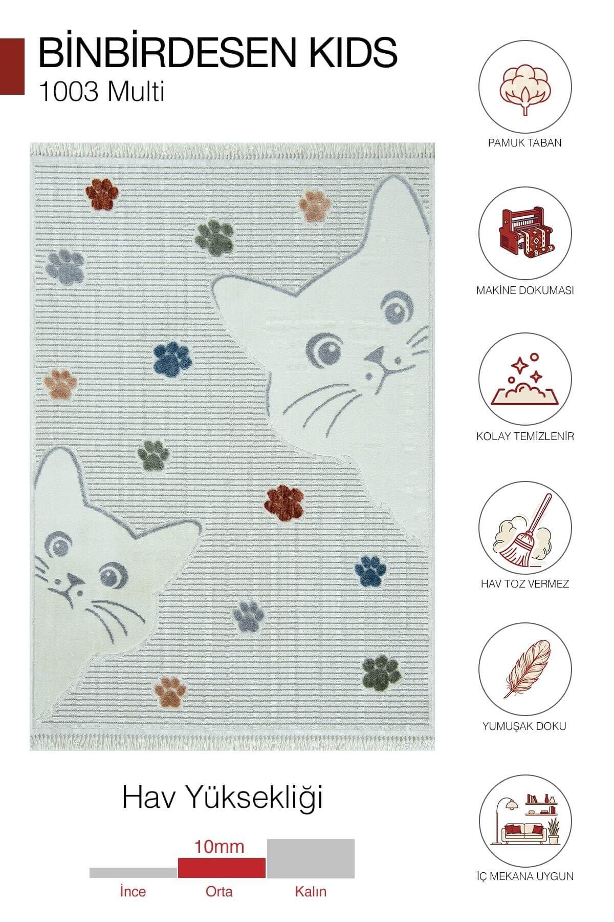 Binbirdesen Kids 1003 Multi - Kedi ve Pati Desenli Çocuk Odası Halısı - 133x190