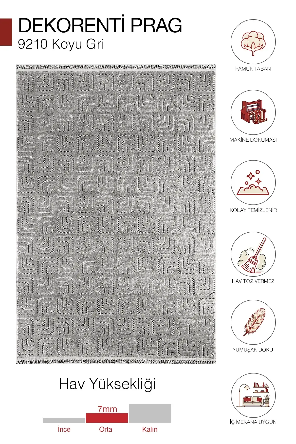 Dekorenti Prag 9210 Koyu Gri – Modern Örgü Saçaklı Yumuşak Tuşeli İskandinav Halı